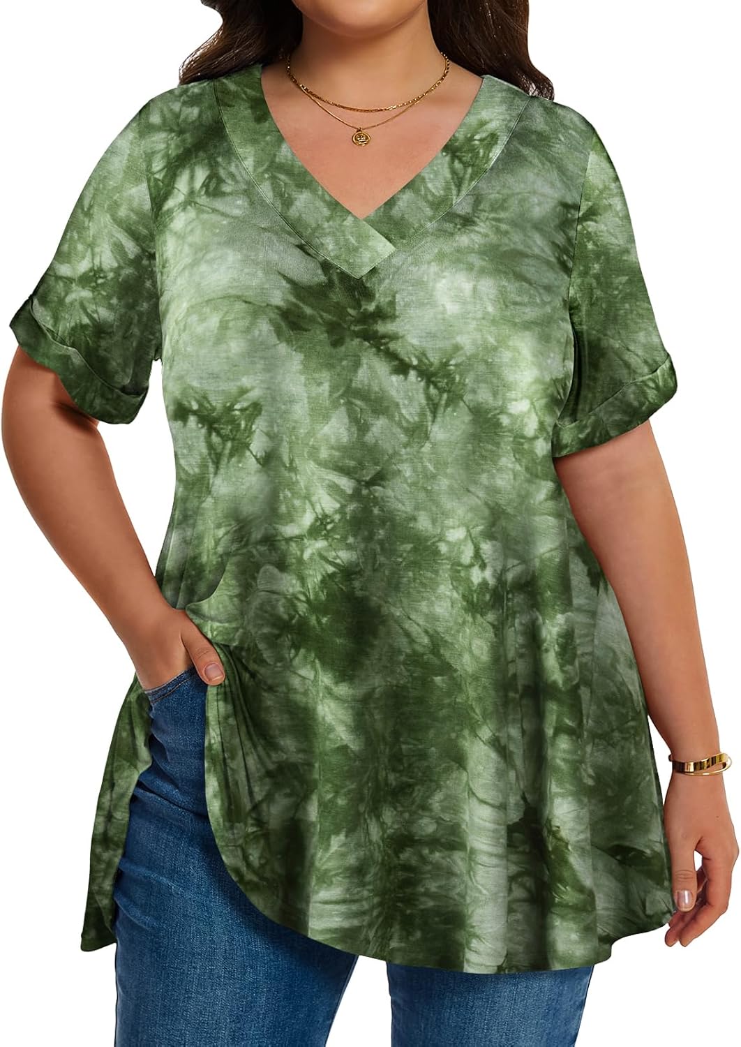 LARACE Women Plus Size Summer Tops Cuffed Short Sleeve Women's V Neck Tunics T-Shirts Blouses Clothes to Wear with Leggings