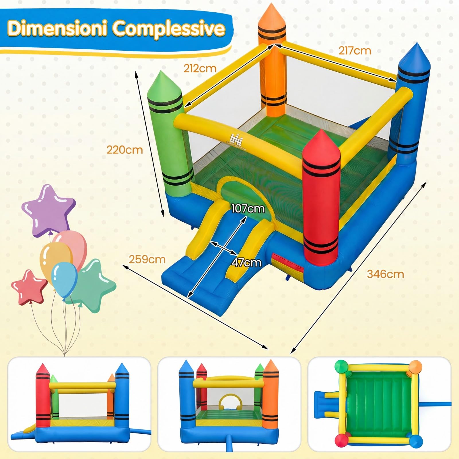 COSTWAY Castello Gonfiabile per Bambini, Casa Gonfiabile con Salto e Scivolo, Borsa di Trasporto e Kit di Riparazione, per 2 Bambini 3-12 Anni, Adatto per Esterno e Interno