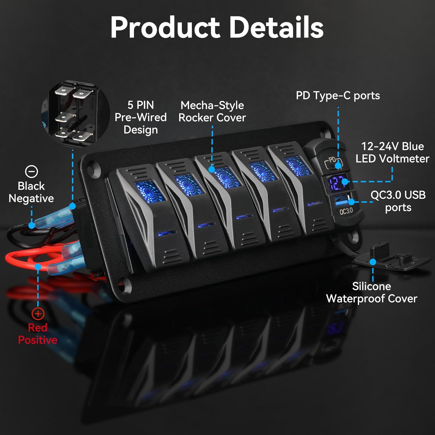 5 Gang Aluminum Rocker Switch Panel, IP68 Waterproof SPST ON/Off Charger Socket with 12-24V Blue LED Voltmeter,PD Type C and QC3.0 USB Fast Charging with DIY Stickers for Boat Car RV Truck