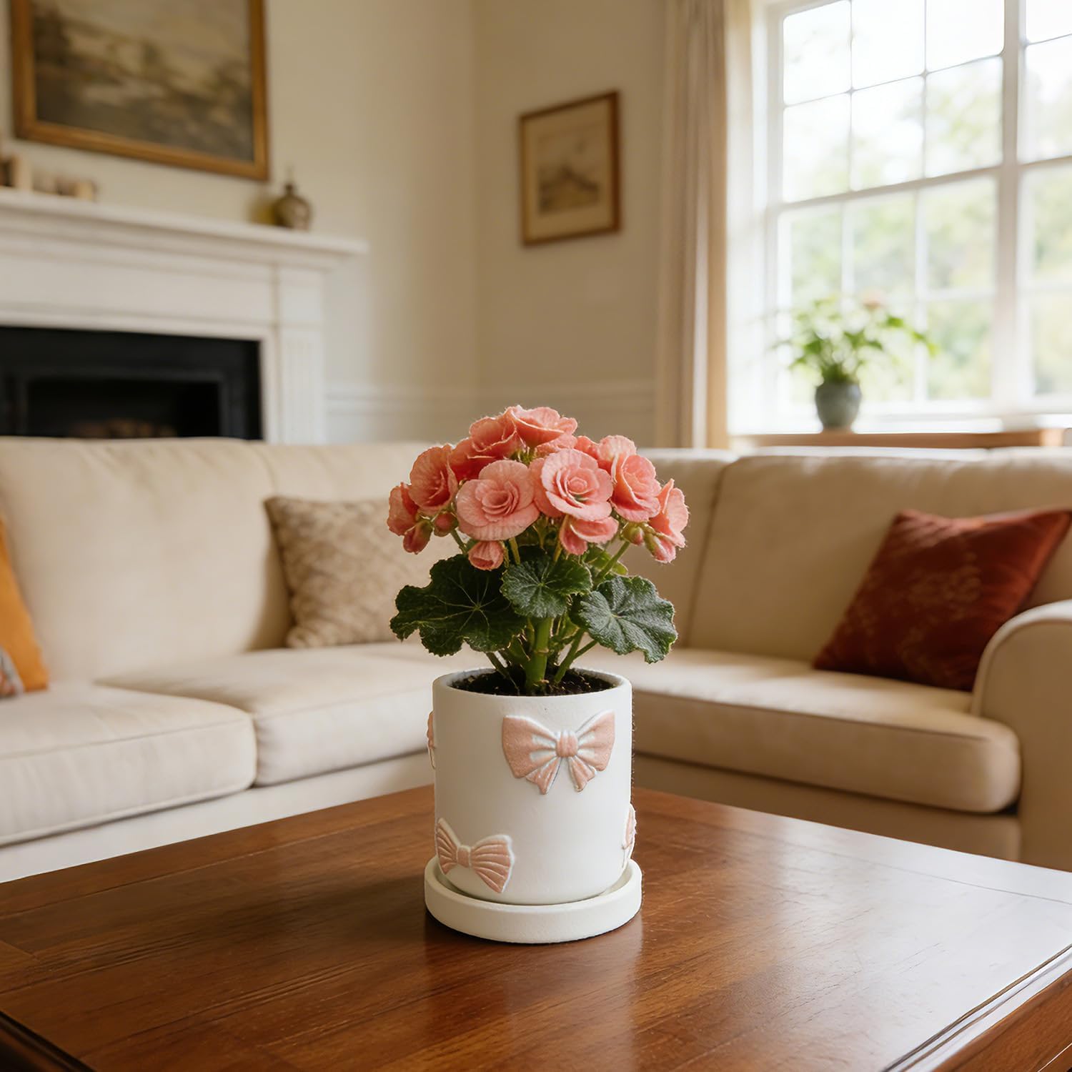 Cute Pink Orchid Pot, Bow Decorative Succulent Planter for Indoor/Outdoor Plants, Hand Painted Pink Bow Cement Flower Pots with Tray/Drainage Hole for Home Room Decor