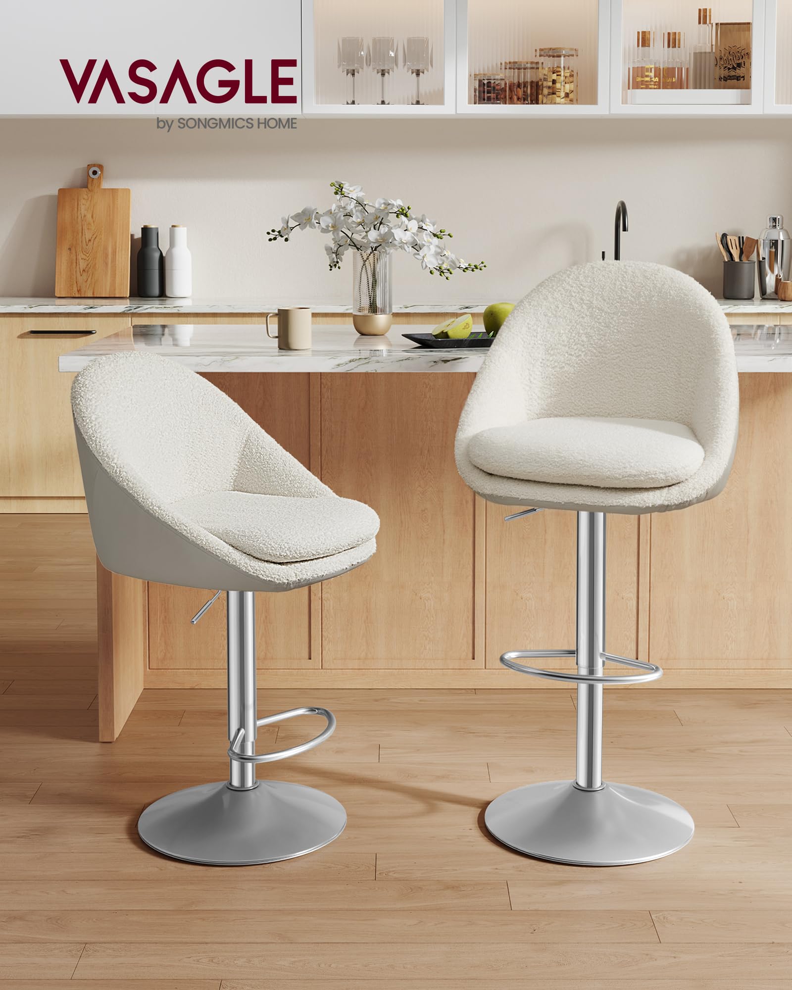 VASAGLE Tabouret de Bar, Lot de 2, Chaise de Cuisine, Réglable en Hauteur, Pivotant à 360°, avec Dossier, Socle, Repose-Pieds, Acier, pour Comptoir, Bar, Salle à Manger, Blanc Crème LJB110W01