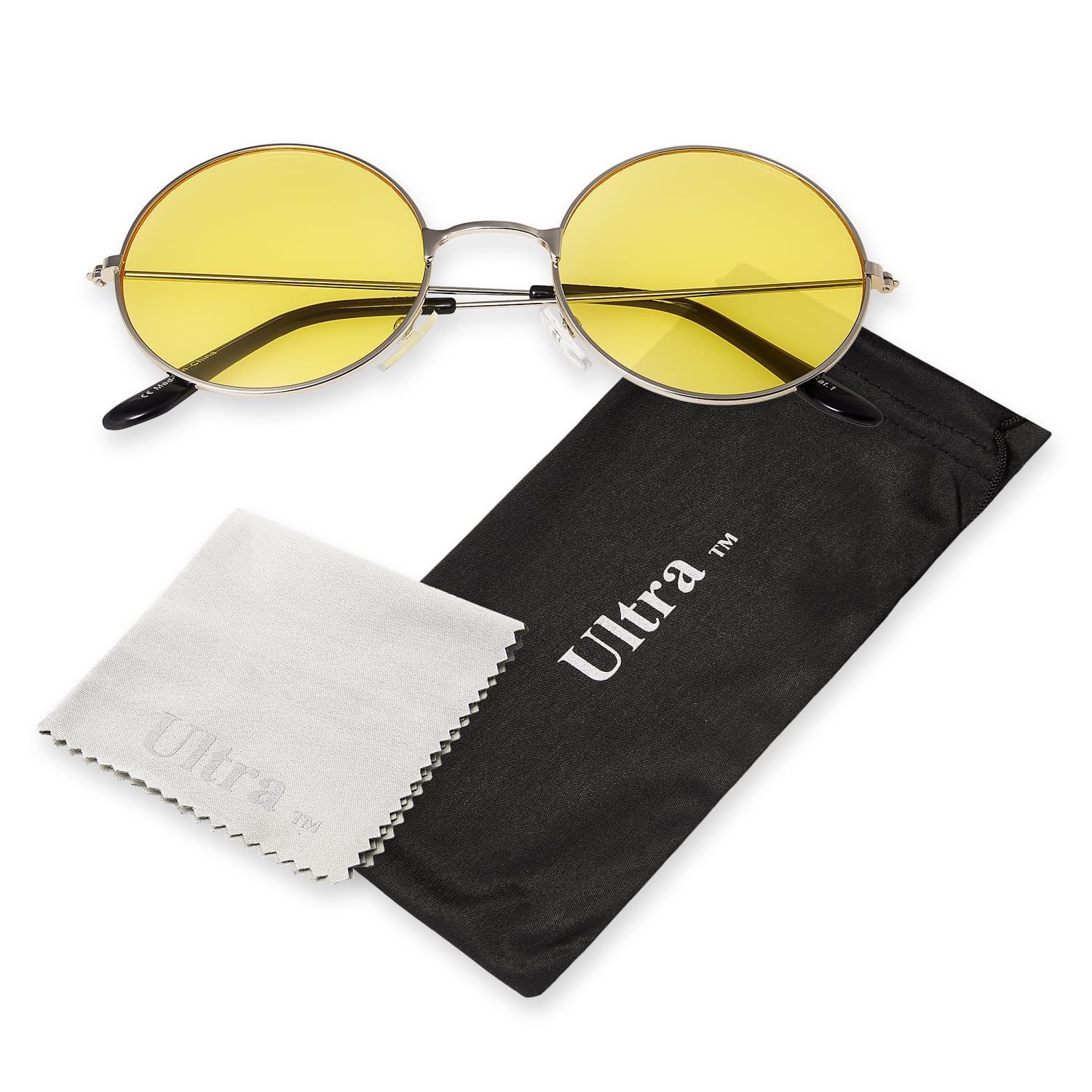 Ultra Large Round Retro Sunglasses UV400 - Large Circle Unisex Metal Frame with Spring Hinges, Carry Pouch & Cleaning Cloth Mens Womens Shades - Silver with Yellow Lenses