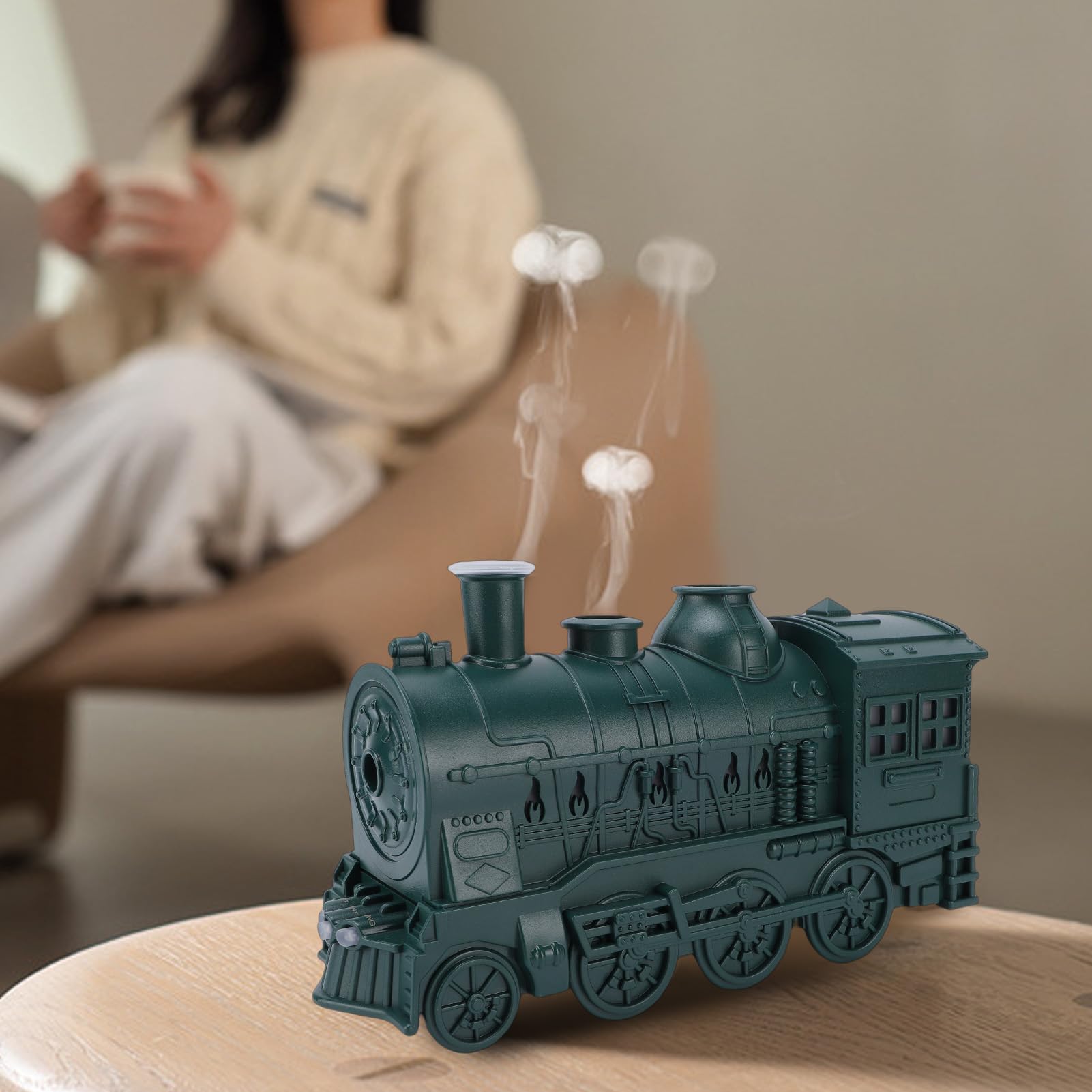 ASHATA Umidificatore a forma di treno con luce notturna, diffusore di oli essenziali, umidificatore a nebbia fredda, doppia modalità di spruzzo, con luce blu calda e fredda, per rilassarsi