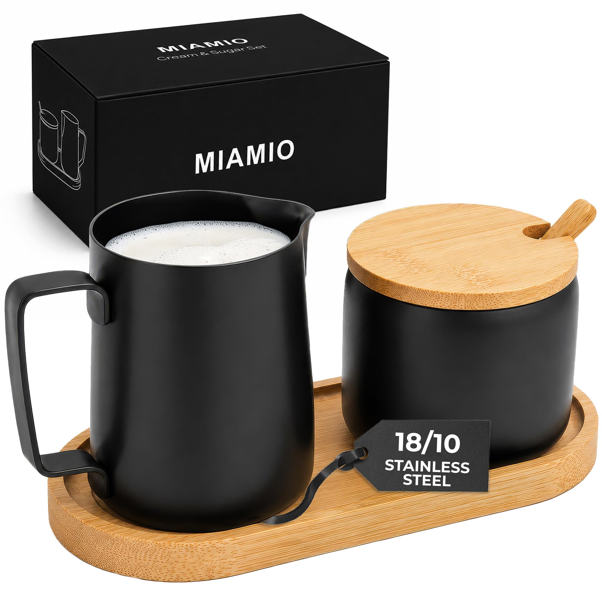 MIAMIO - Cream & Sugar Jar Set Stainless Steel with Bamboo Tray (Black)