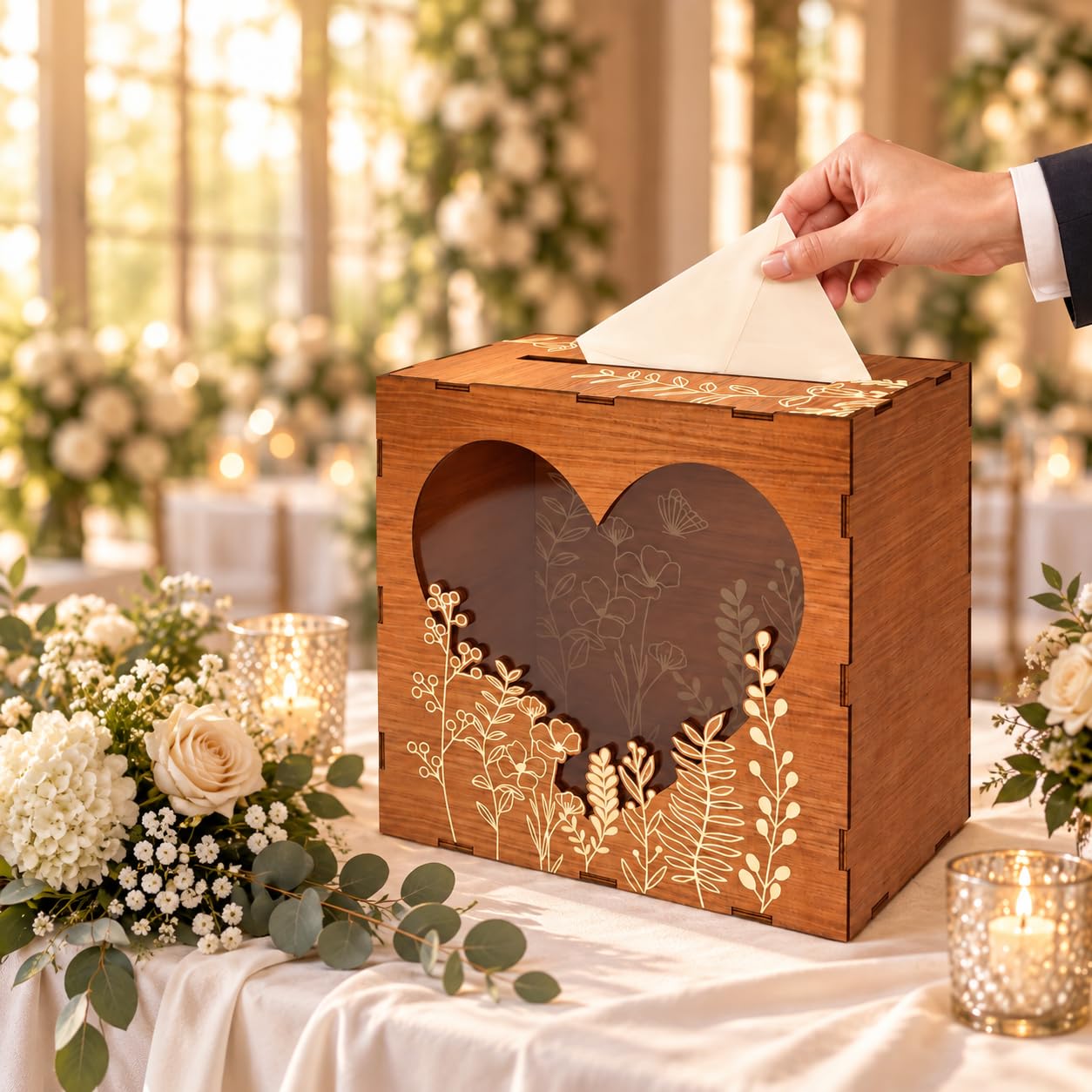 Foribyw Wooden Wedding Card Box, Decorative Memory Box with Heart Window