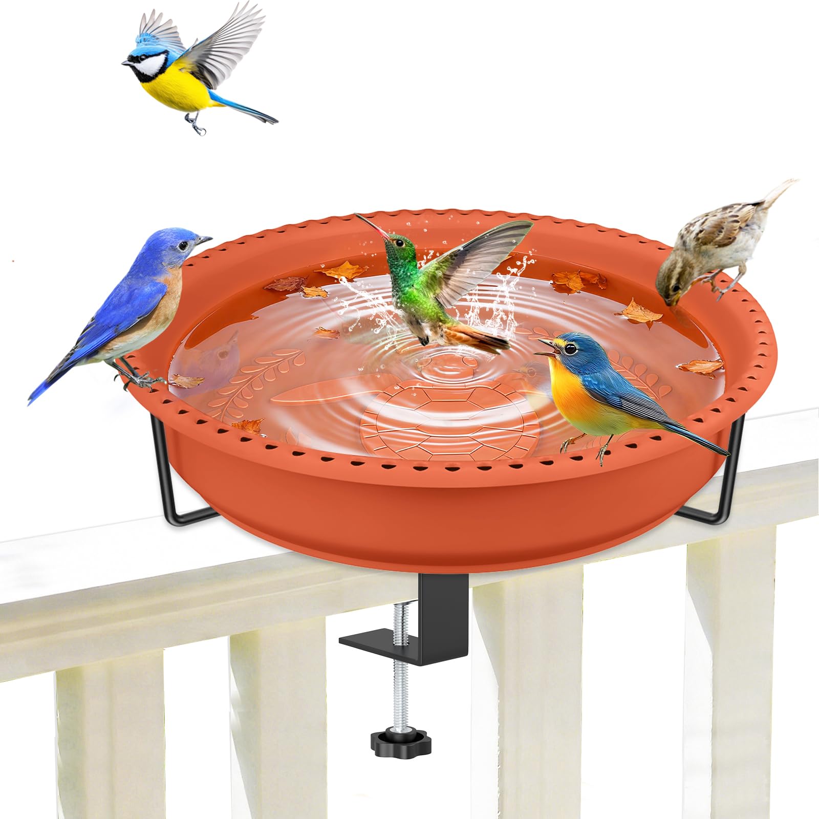 YOADEHOA Bird Baths for Outdoors, Rustproof Metal Clamp Birdbaths & Birdfeeder with Detachable Plastic Basin, Outdoor Bird Feeding & Watering Station for Wild Birds Garden Patio Balcony (Brown)