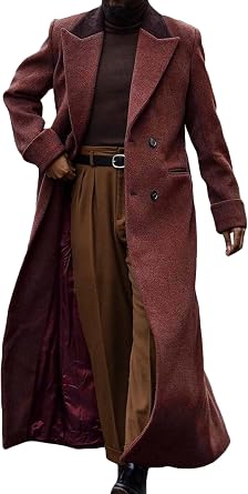 Mans Double Breasted Full Length Trench Coat Casual Corduroy Collar Long Jacket Peacoat Wool Blend Winter