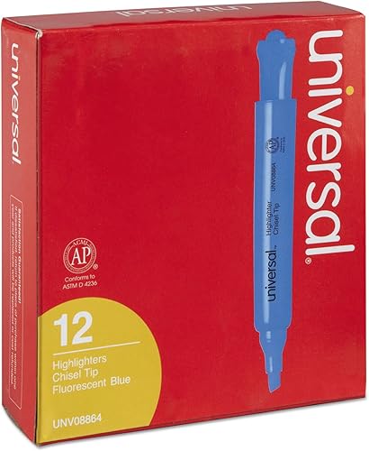 Miniatura 4 de Universal Resaltadores de escritorio, tinta azul fluorescente, punta de cincel, barril azul, docena