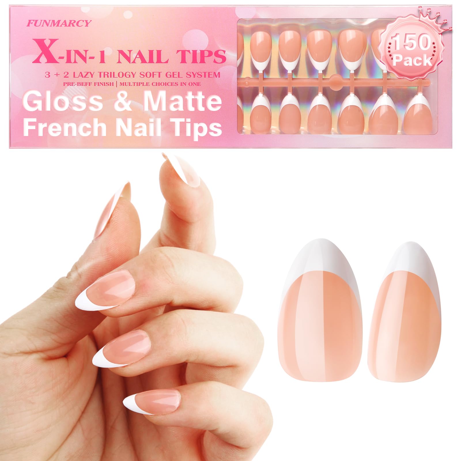 French Gel Nail Tips Almond Short - Funmarcy 4-IN-1 Matte & 5-IN-1 Gloss Press on French Nail Tips X-coat Soft, Pre-Top &Pre-colored Coat, False Nail Tips for Nail Extension Home DIY (150 PCS 15 Size)