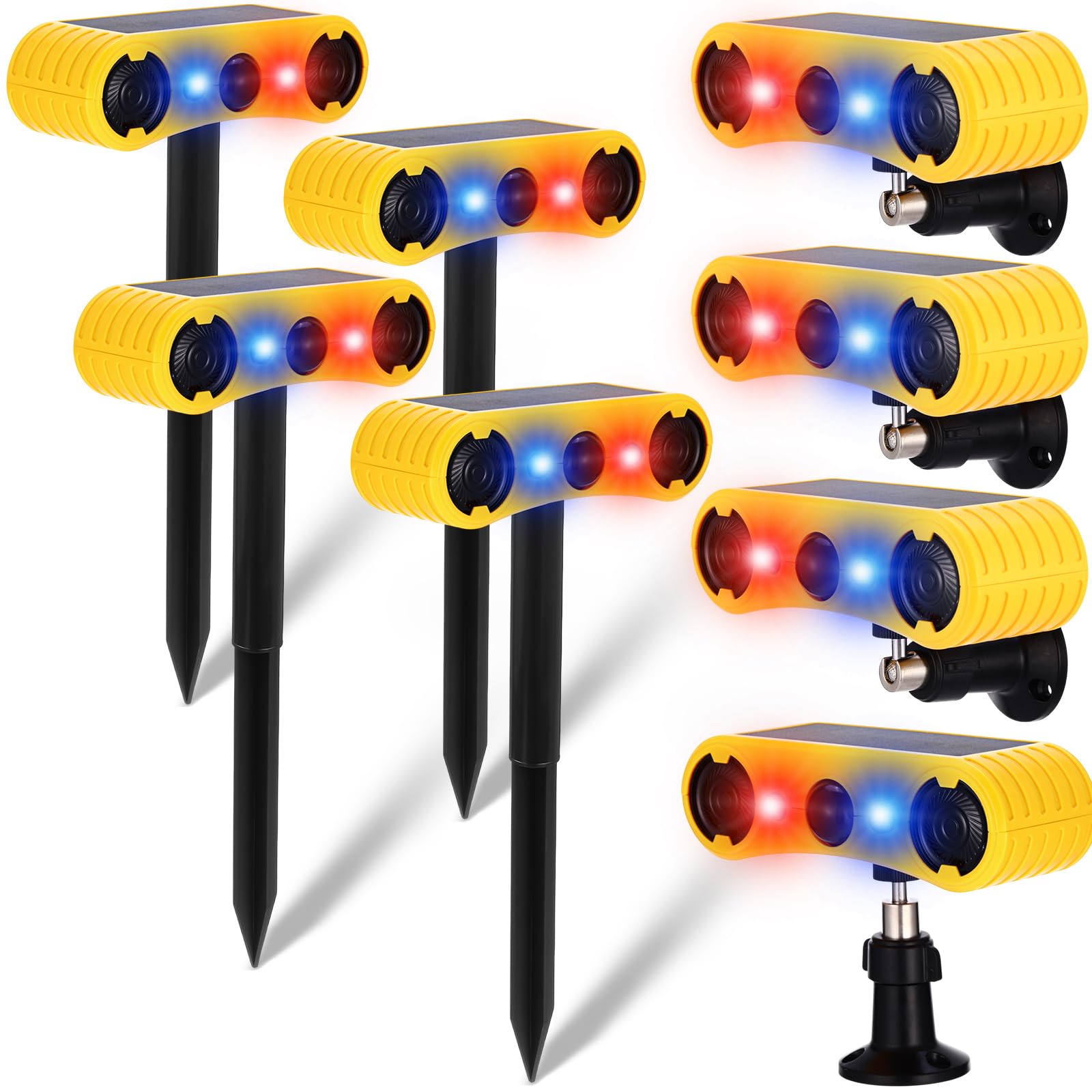 Qualirey Paquete de 4 alarmas solares con sensor de movimiento para exteriores con estaca disuasorio de animales, 2 x 129 db, 13 detectores de sonido, luz estroboscópica, sensor de alarma de ladridos