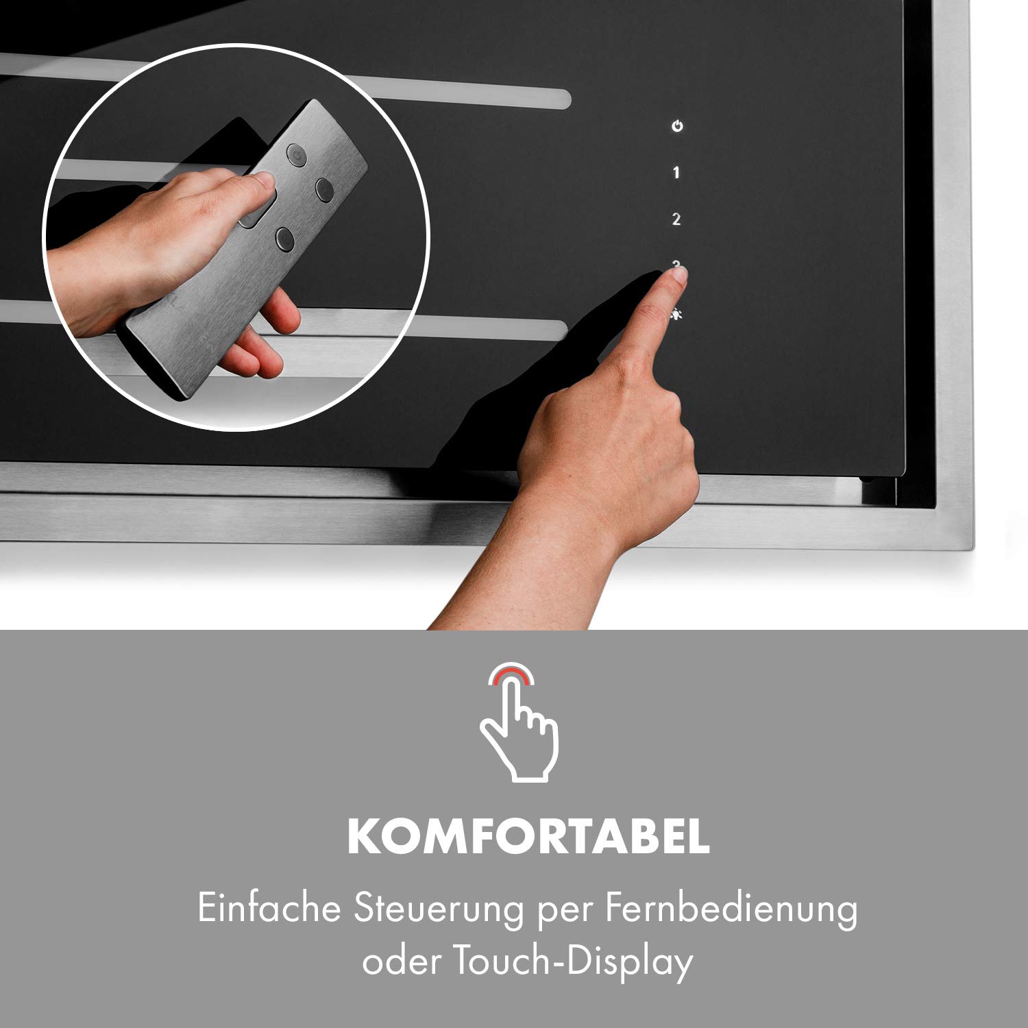 Klarstein High Line Deckenhaube 77 cm 410 m3/h Umluft Abluft LED Fernbedienung Edelstahl schwarzes Glas