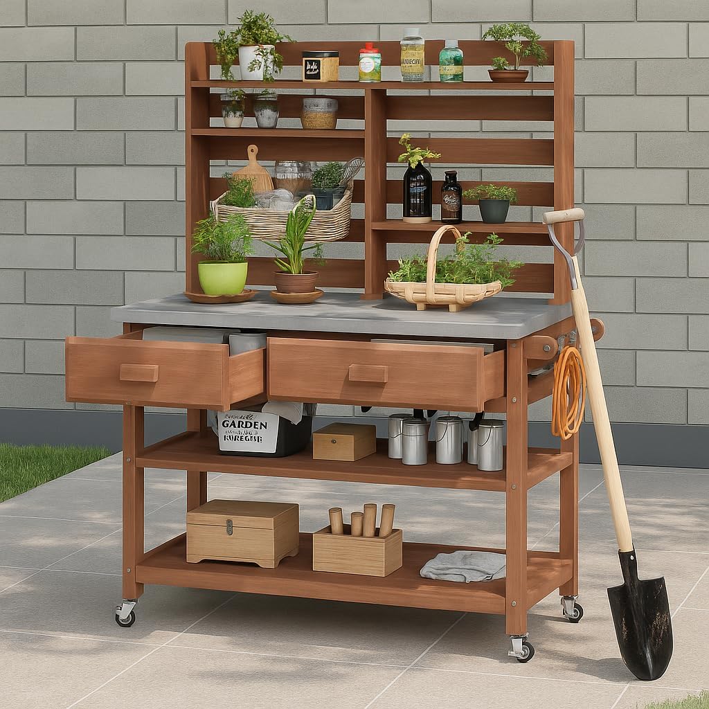 K&K 64.9" H Outdoor Potting Bench Table with Lockable Wheels, Solid Wood Outdoor Kitchen Island with Upper Hutch, Stainless Steel Top, Towel Rack,Outdoor Storage for Grilling, Lawn Garden -Brown