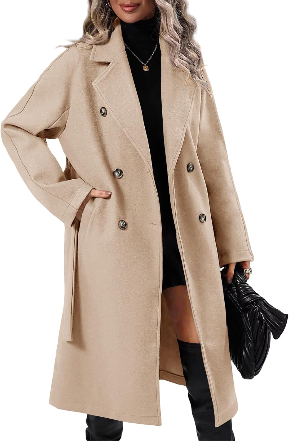 Women Elegant Wool Pea Coat Lapel Collar Double Breasted Mid-Long Winter Overcoats with Belted Pockets