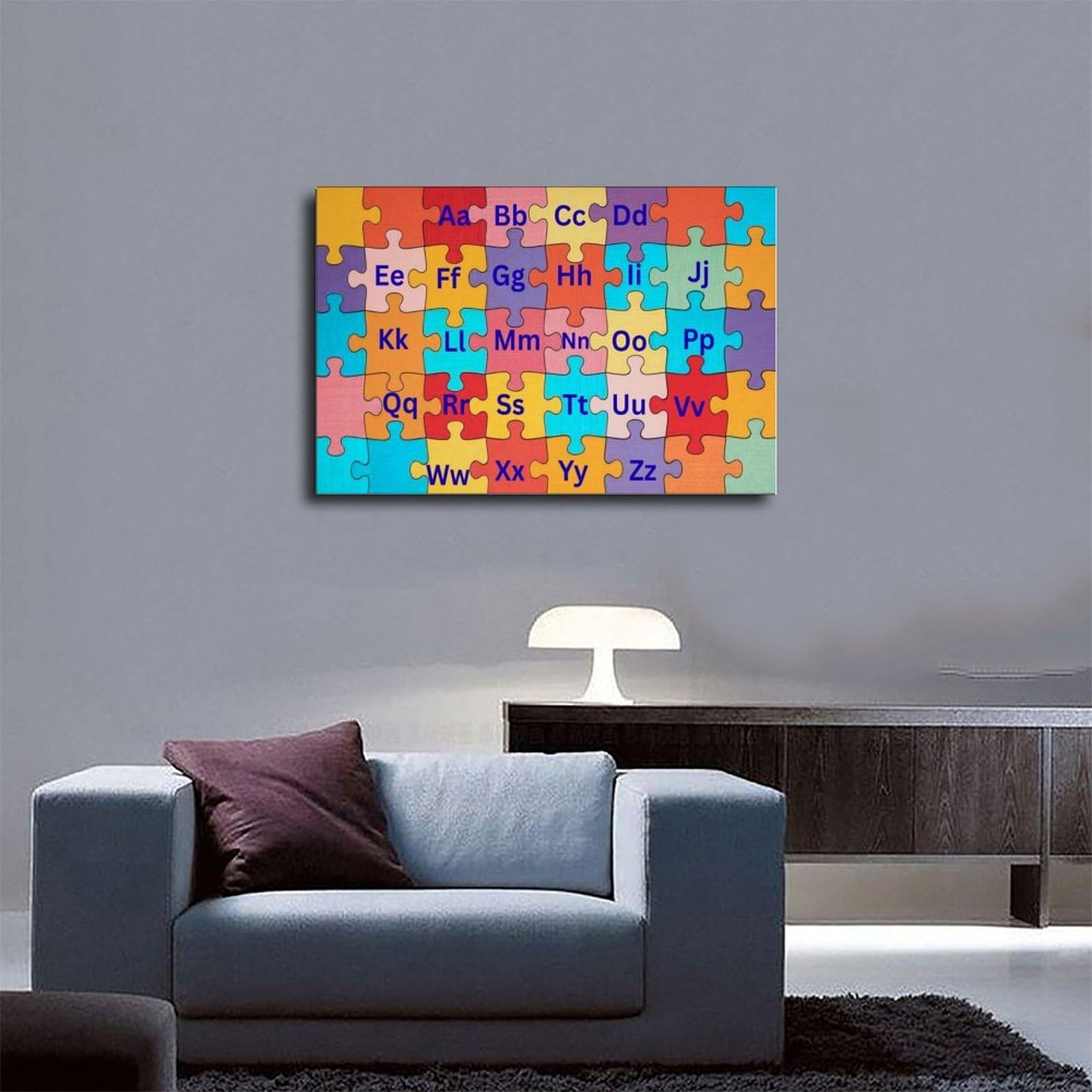 Décoration éducative en forme de lettres de l'alphabet pour enfants dans un puzzle - Poster sur toile - Décoration de chambre à coucher, bureau, chambre - Cadeau - 40 x 60 cm