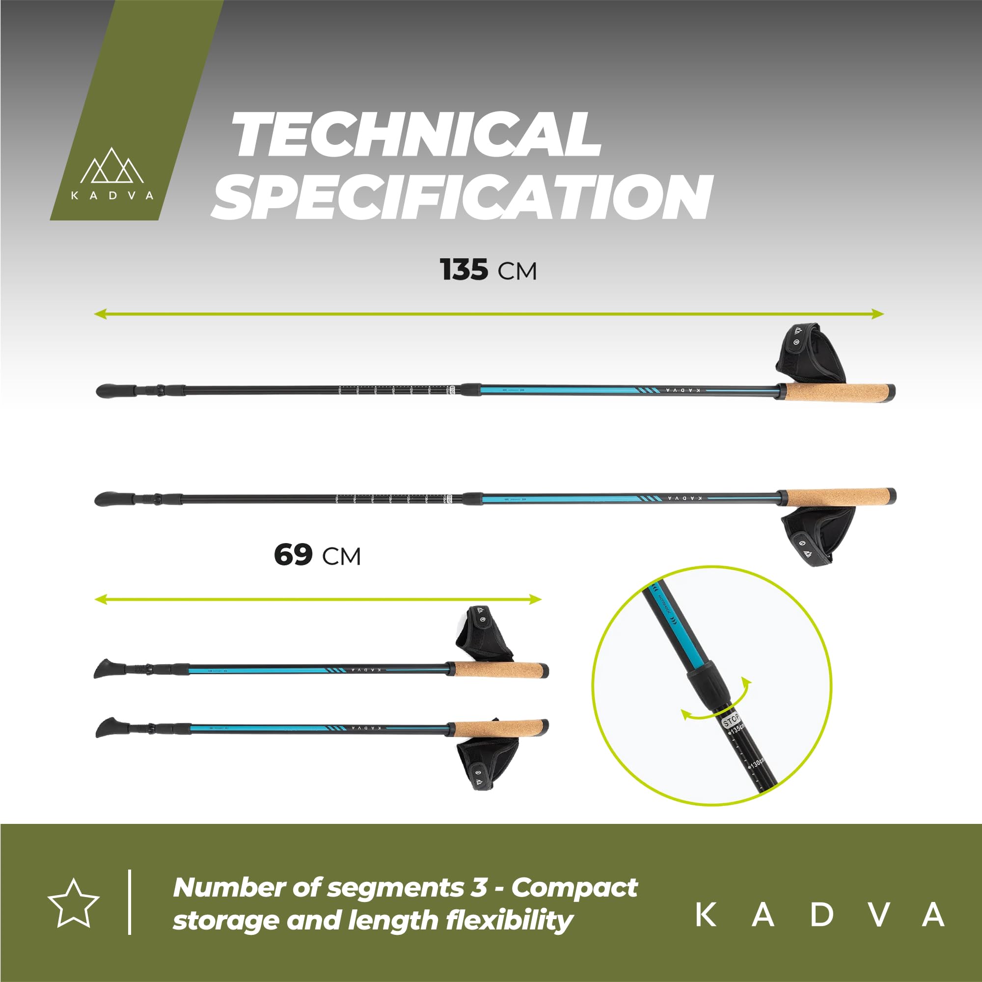 KADVA Bastones de Marcha nórdica Luna Azul, tamaño Ajustable 69 – 135 cm, Sistema de Cierre de Rosca para un Cambio de Longitud Seguro y fácil, Mango de Polipropileno Resistente y Corcho