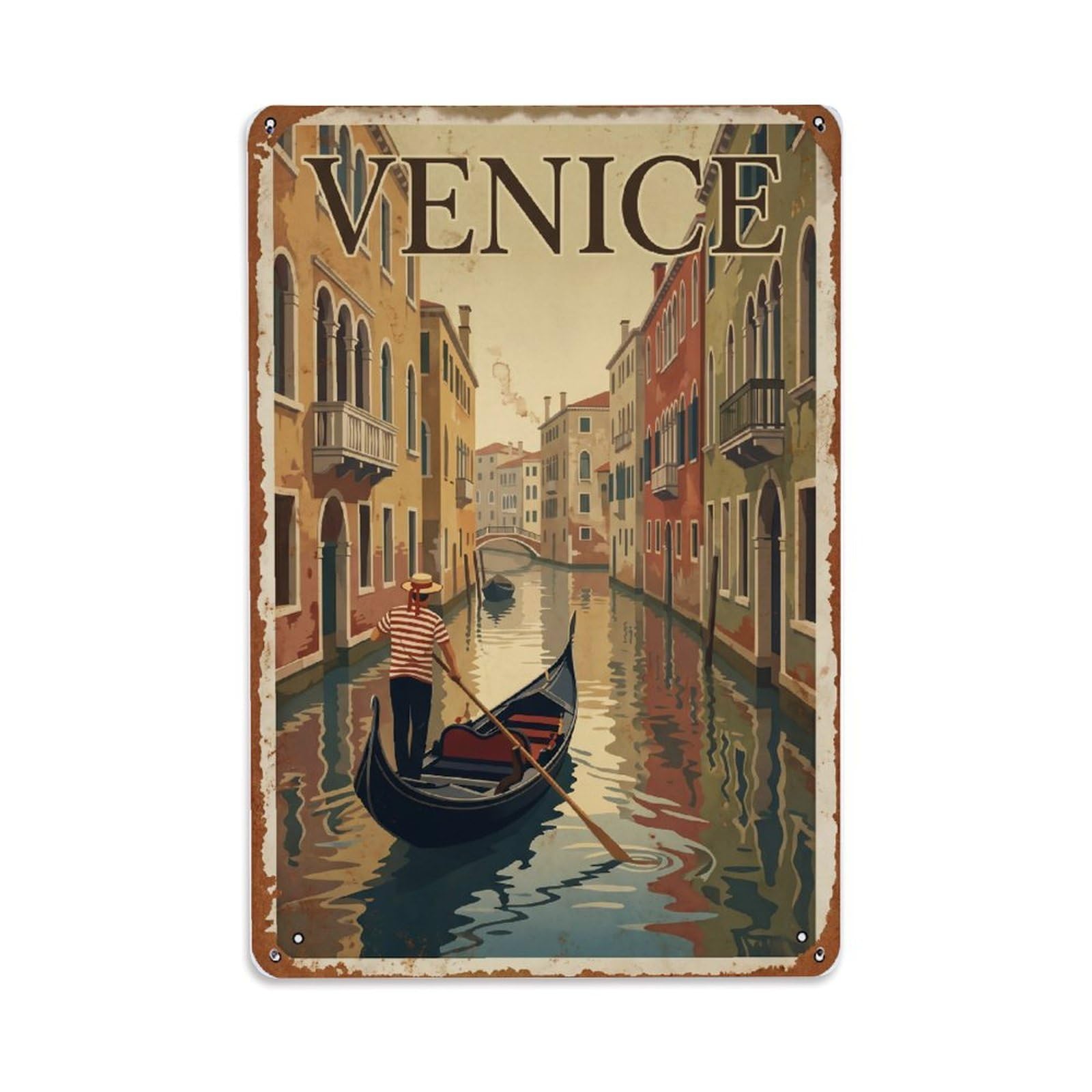 Vintage Travel Venice Gondolier Striped Shirt Canal Rusted Italy Metal Tin Sign Plaque Wall Decor for Cafe, Club Bar, Office, Home Garden Metal Poster 8x12Inch