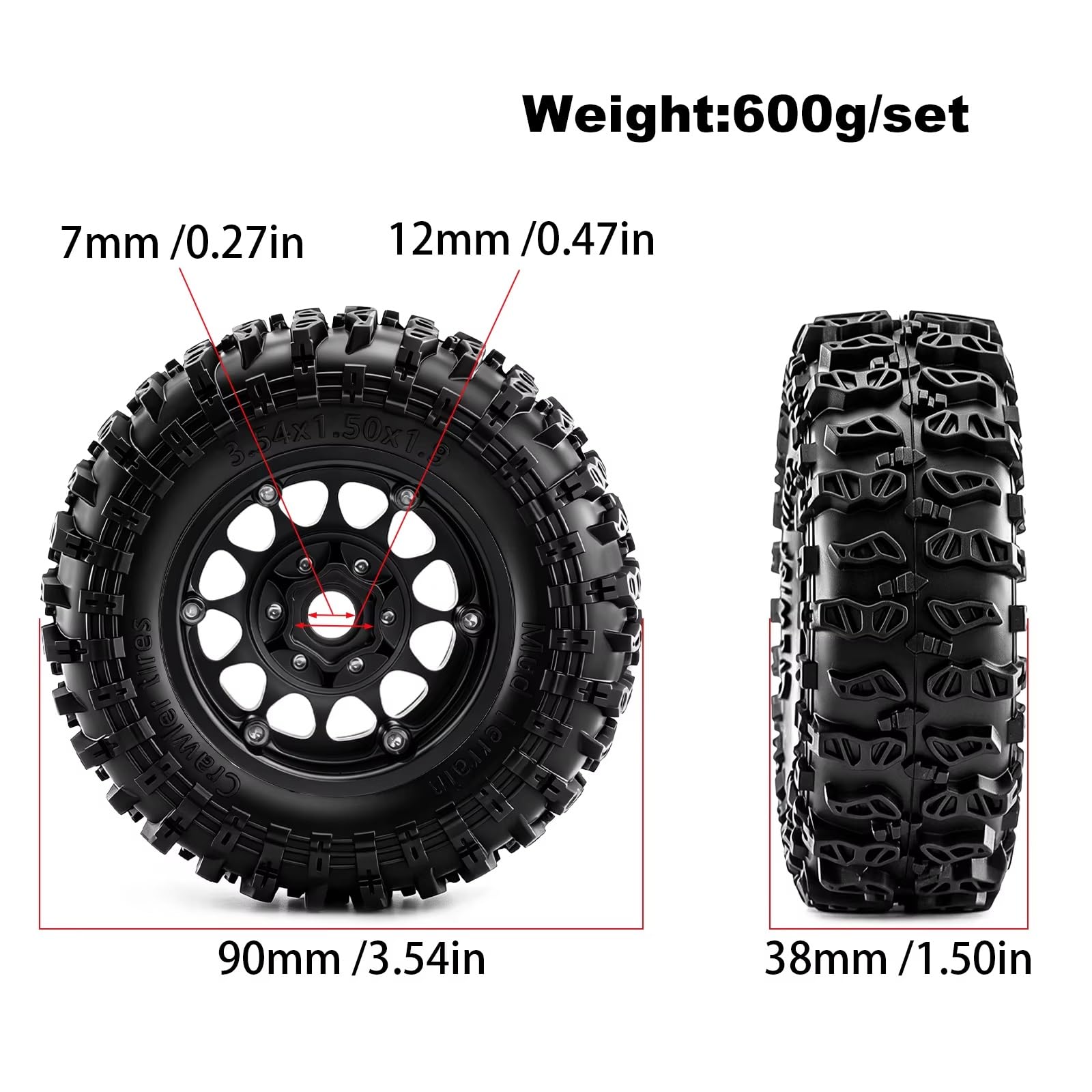 Pneumatici Ruote Beadlock Per Axial Per SCX10 Per Wraith D90 1/10 Accessori | Kit Pneumatici Fango Crawler con Battistrada Auto Pulente Cerchi Metallo Durevoli per Sentieri Umidi(Bronze)