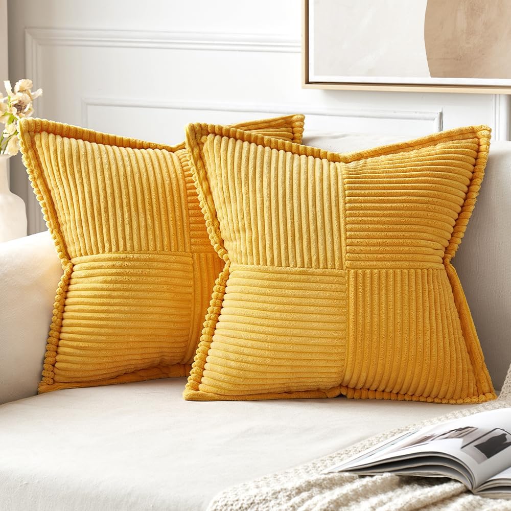 MIULEE Golden Yellow Corduroy Pillow Covers 20x20 Inch with Splicing Set of 2 Soft Boho Striped Pillow Covers Broadside Decorative Textured Summer Pillowcases for Couch Cushion Bed Livingroom 20" x 20" (Pack of 2) Golden Yellow