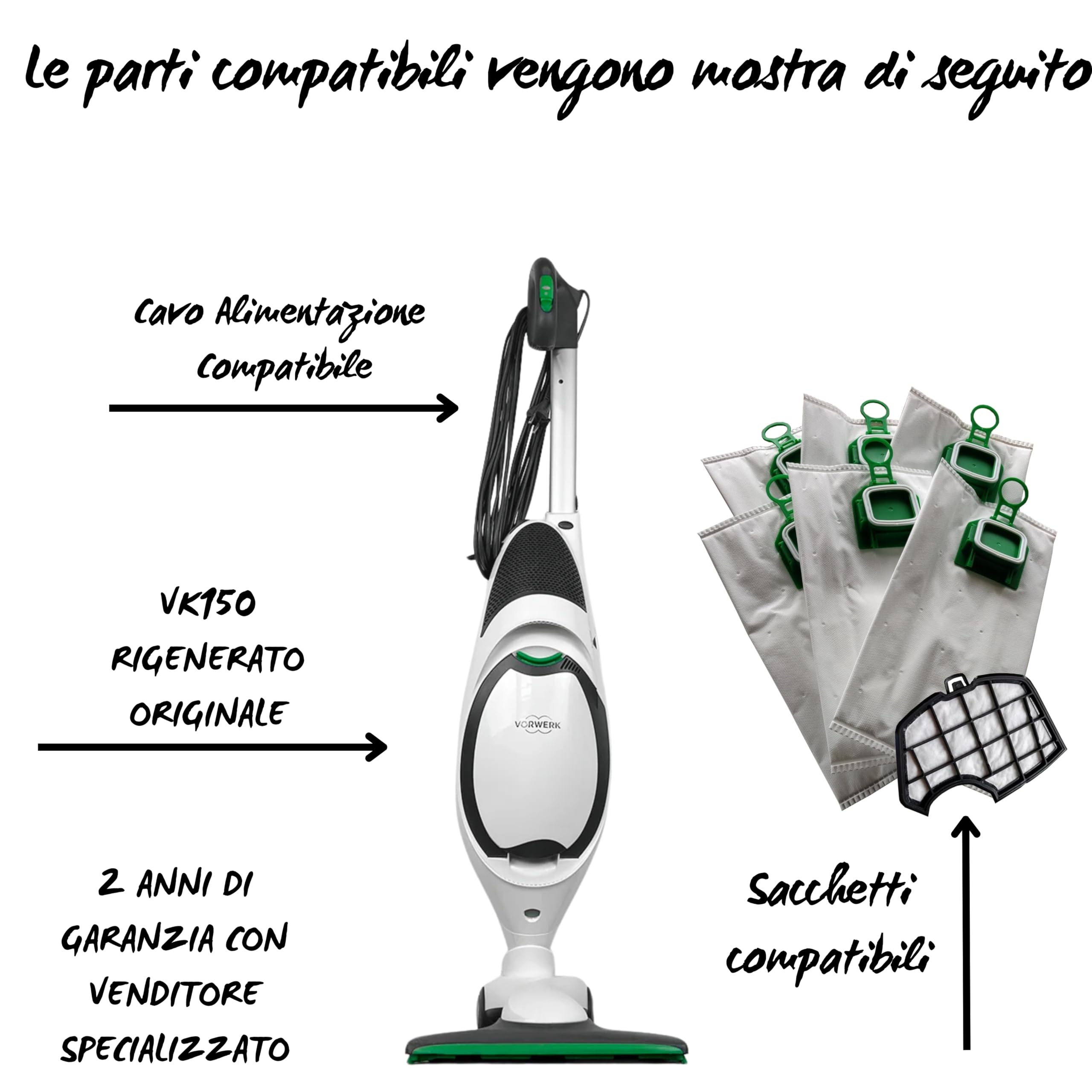 DIERRESTORE Aspirapolvere -FOLLETTO- VK150 NUOVA + Aspirabriciole (BIANCO O NERO SECONDO DISPONIBILITA) + HD50 - MOTORE ULTRA POTENTE + 6 SACCHETTI COMPATIBILI