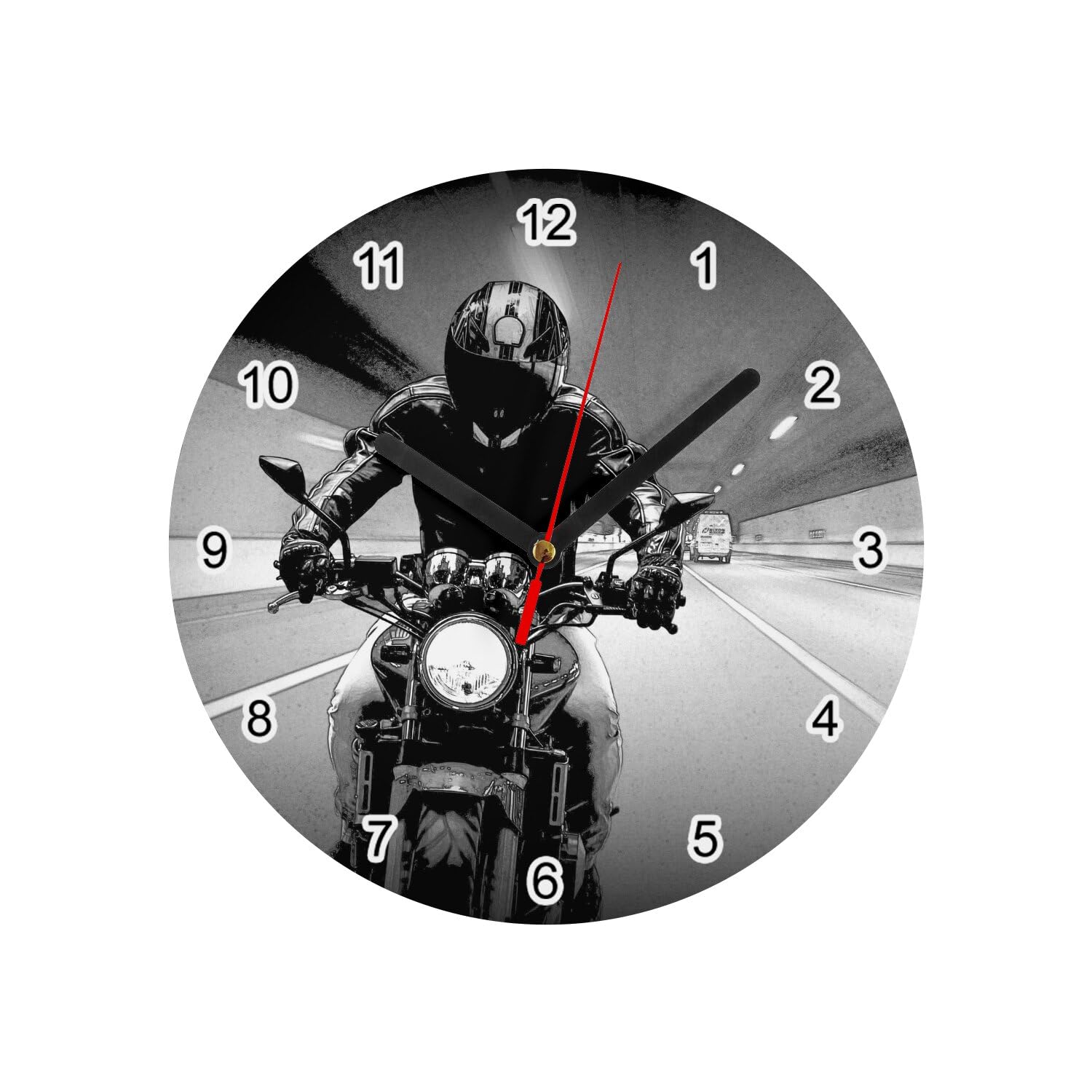 Horloge murale en verre motard et moto de 20 cm style tunnel noir et blanc vitese