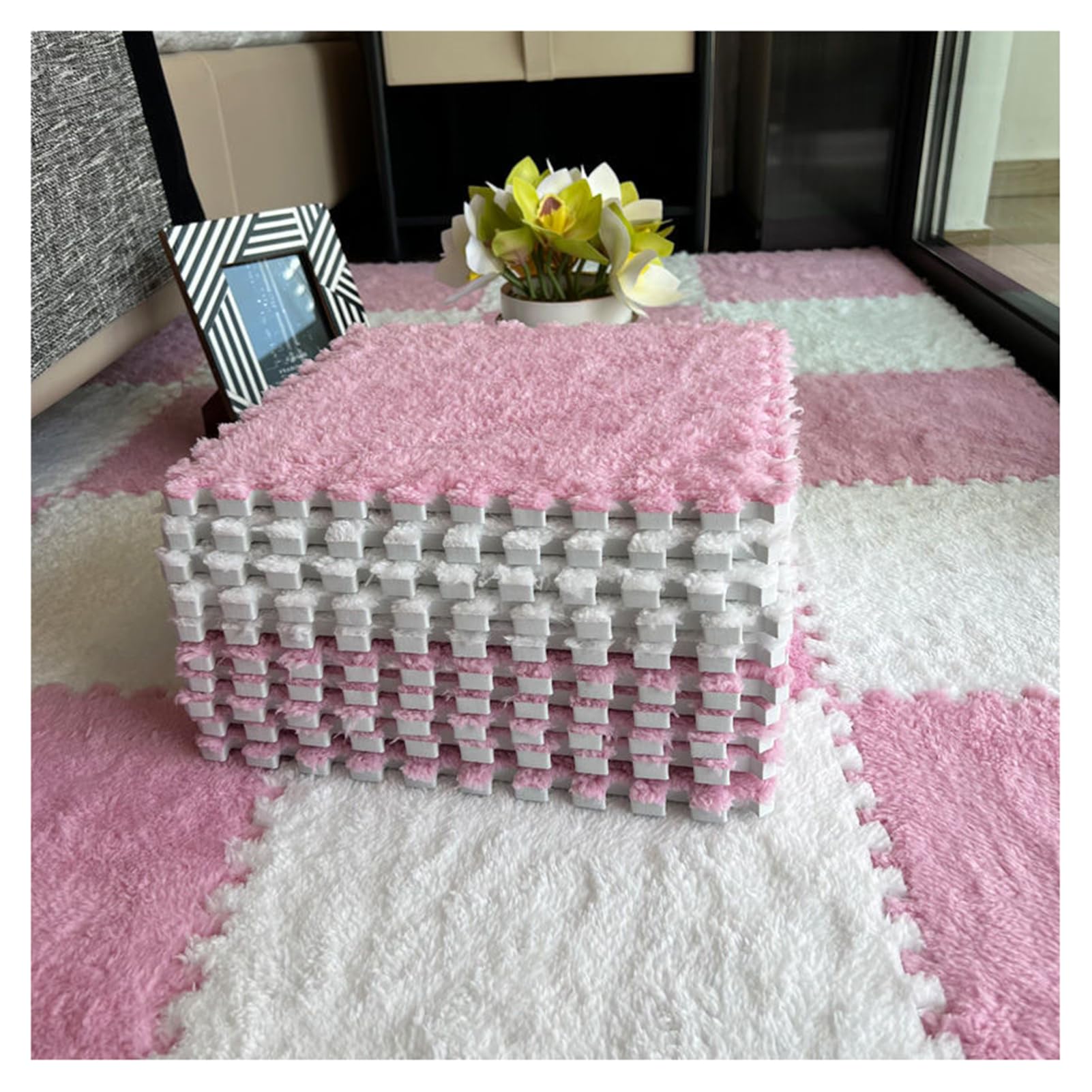 Palymats Tappetino in schiuma ad incastro in peluche da 12 pezzi, pavimento for giochi a puzzle shaggy, piastrelle in moquette fuzzy, tappeti quadrati da 12x12 pollici for la sala giochi della camera