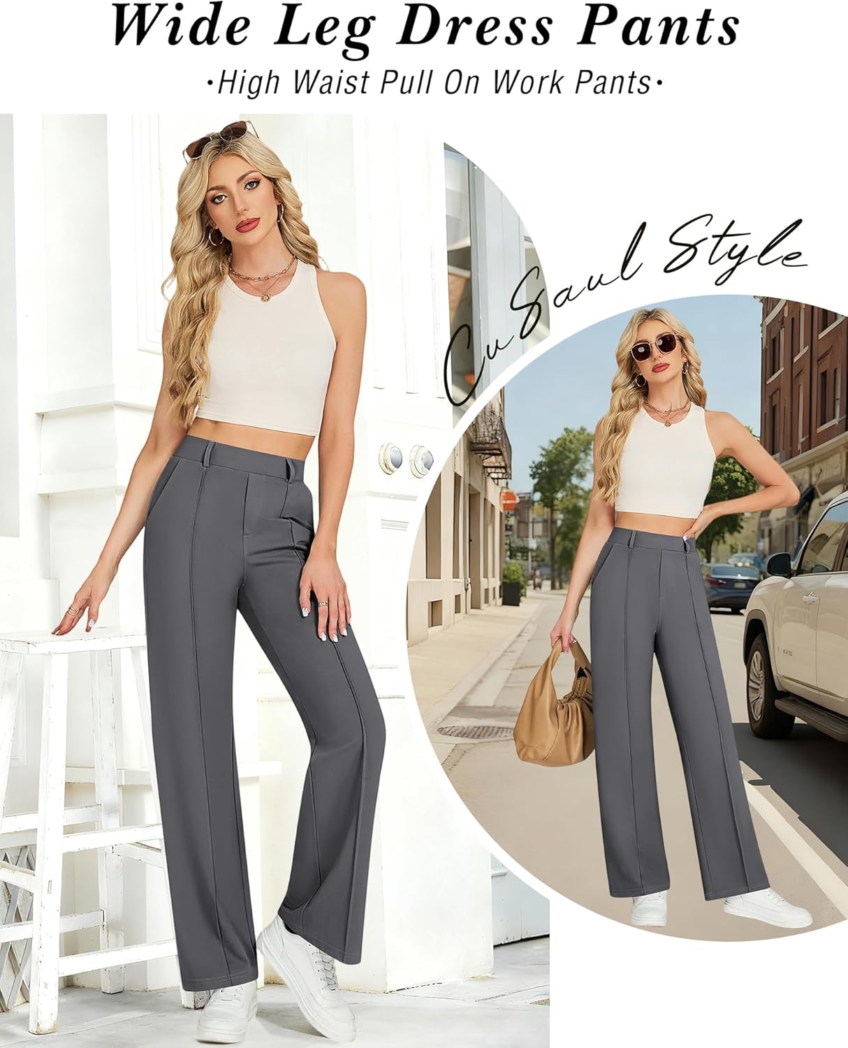 OULESlS Dress Pants for Women Work Pants Wide Leg Pull On Stretchy Business Casual Trousers High Waisted Slacks with Pockets - Image 7