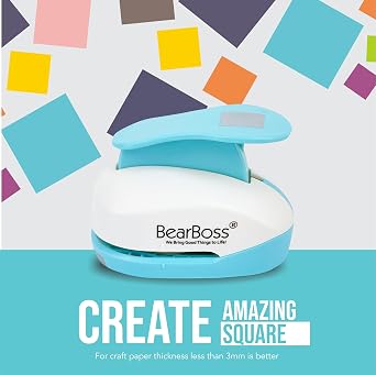 BearBoss 5 Square Paper Punch Set, Different Sizes, Scrapbooking Crafting Tool, Classic White