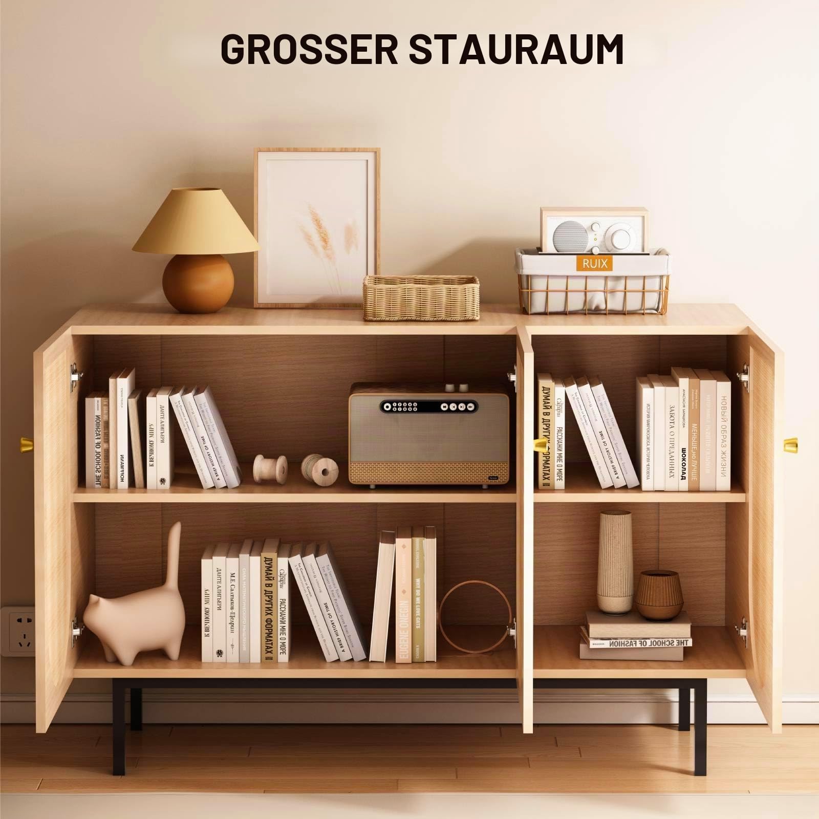 Rattan-Schrank mit 3 Türen, Holz Sideboard mit Metallgriffen