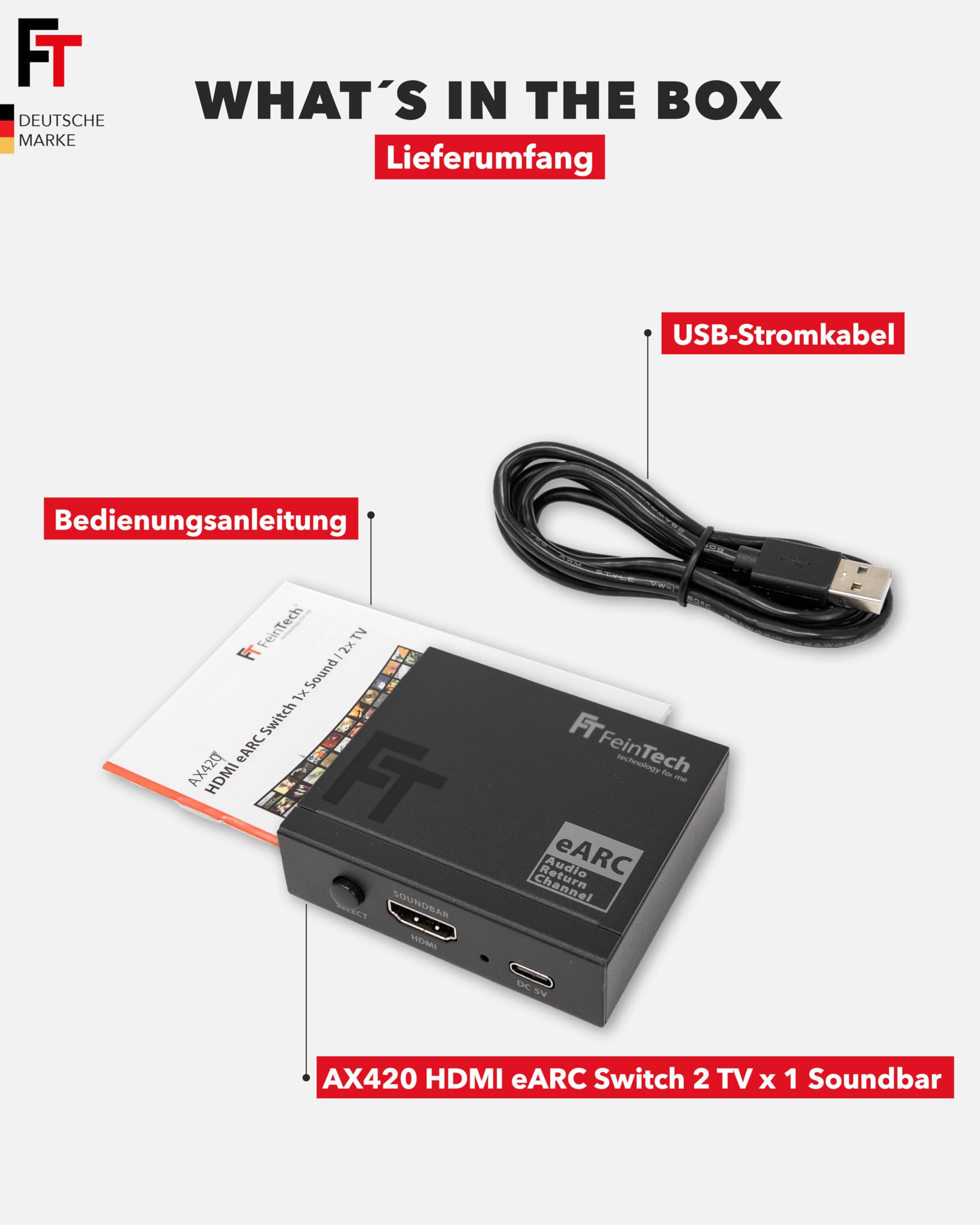 FeinTech AX420 HDMI eARC Switch 2 TV x 1 Soundbar - nutze Deine Soundbar an 2 Displays