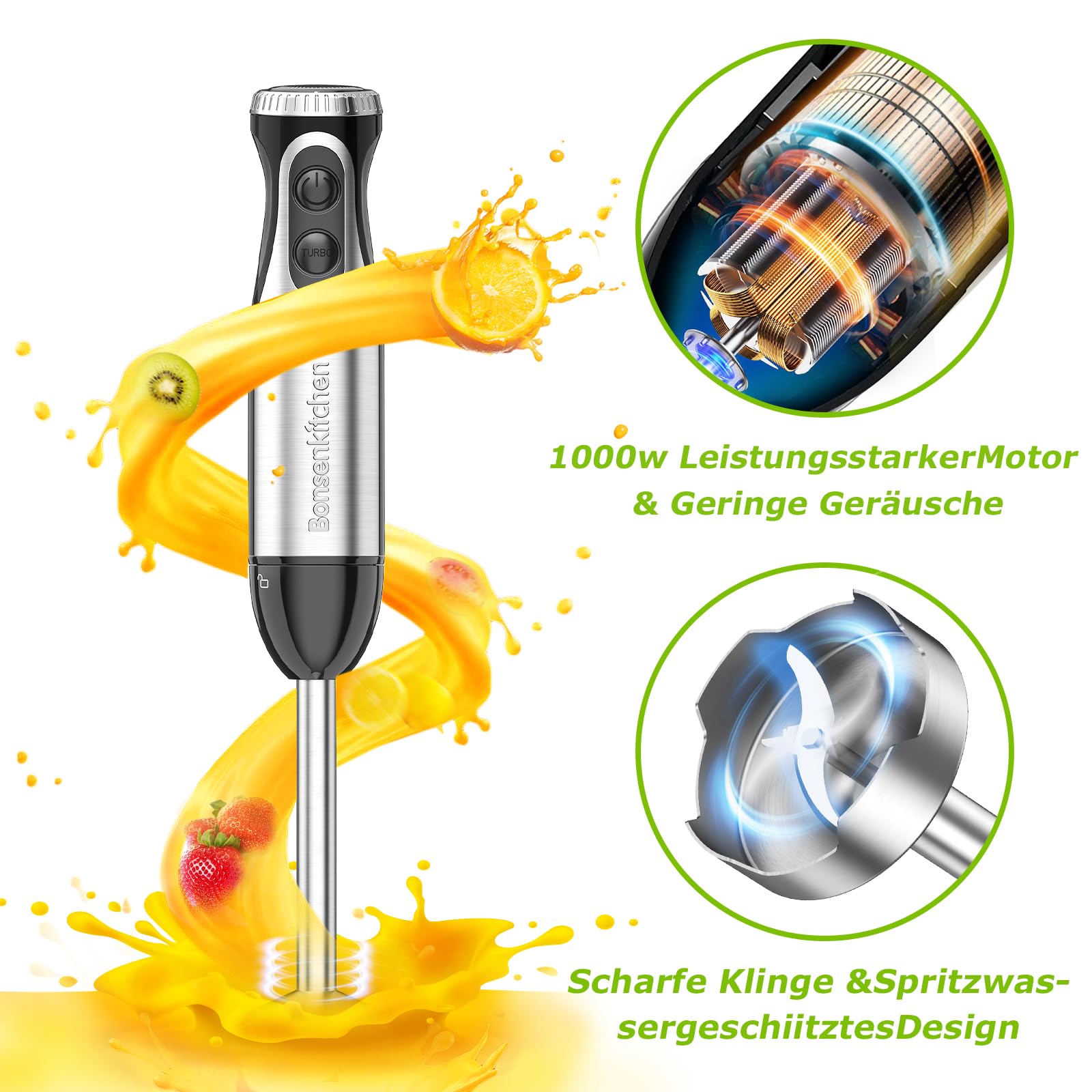 Bonsenkitchen Stabmixer 4-in-1, 1000W Elektrischer Pürierstab mit stufenloser Geschwindigkeitsregelung, Edelstahl-Mixfuß, Schneebesen, 500ml Lebensmittelhacker & 700ml Messbecher für Babynahrung