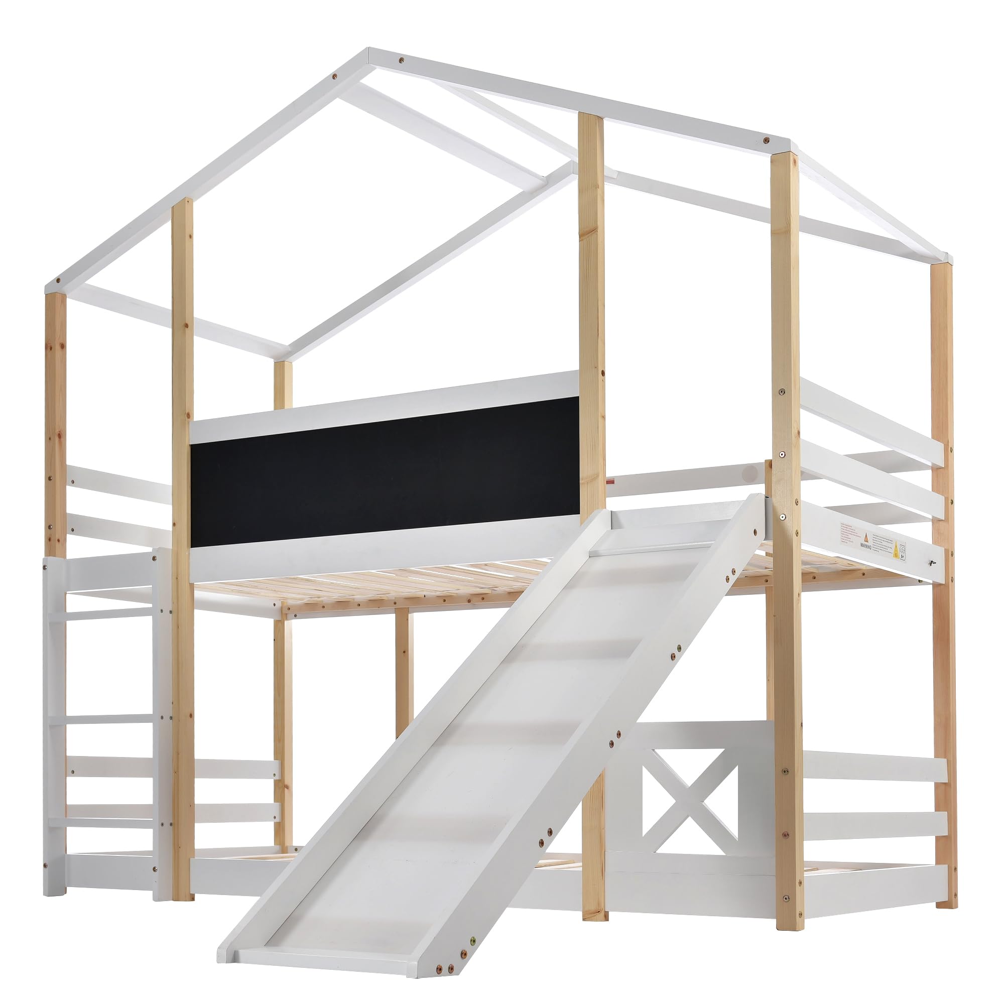 HESHU Kinderbett Etagenbett 90x200 cm, Hausbett mit Rutsche und Tafel, Hochbett für 2 Kinder, Funktionsbett Stockbett mit Lattenrost, Weiß+Natur, ohne Matratze
