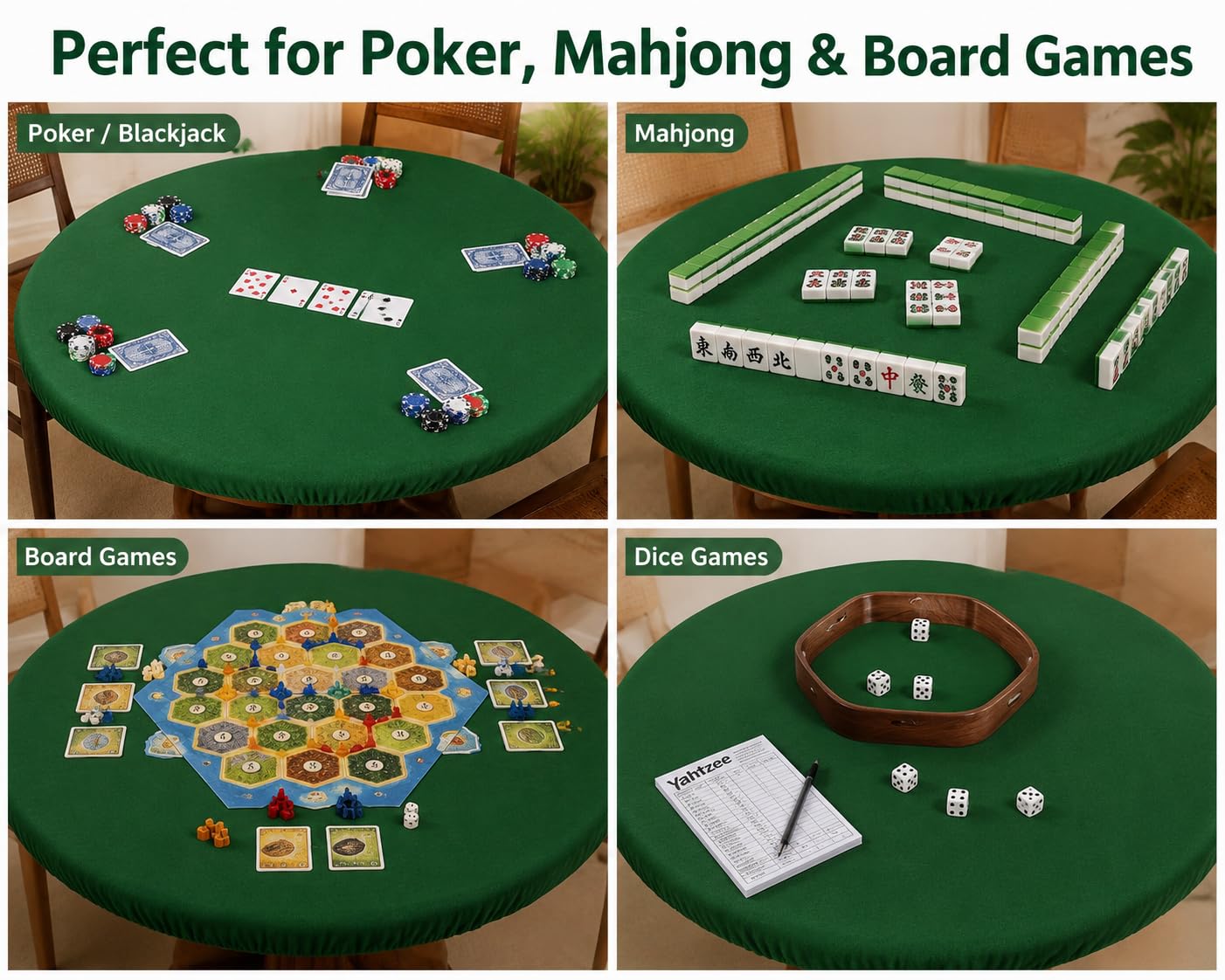 Katai – Cubierta Verde para Mesa de póker Estilo Casino – Fieltro elástico para mesas Redondas de 36 a 48" – Antideslizante y Reduce Ruido – Incluye 6 Posavasos