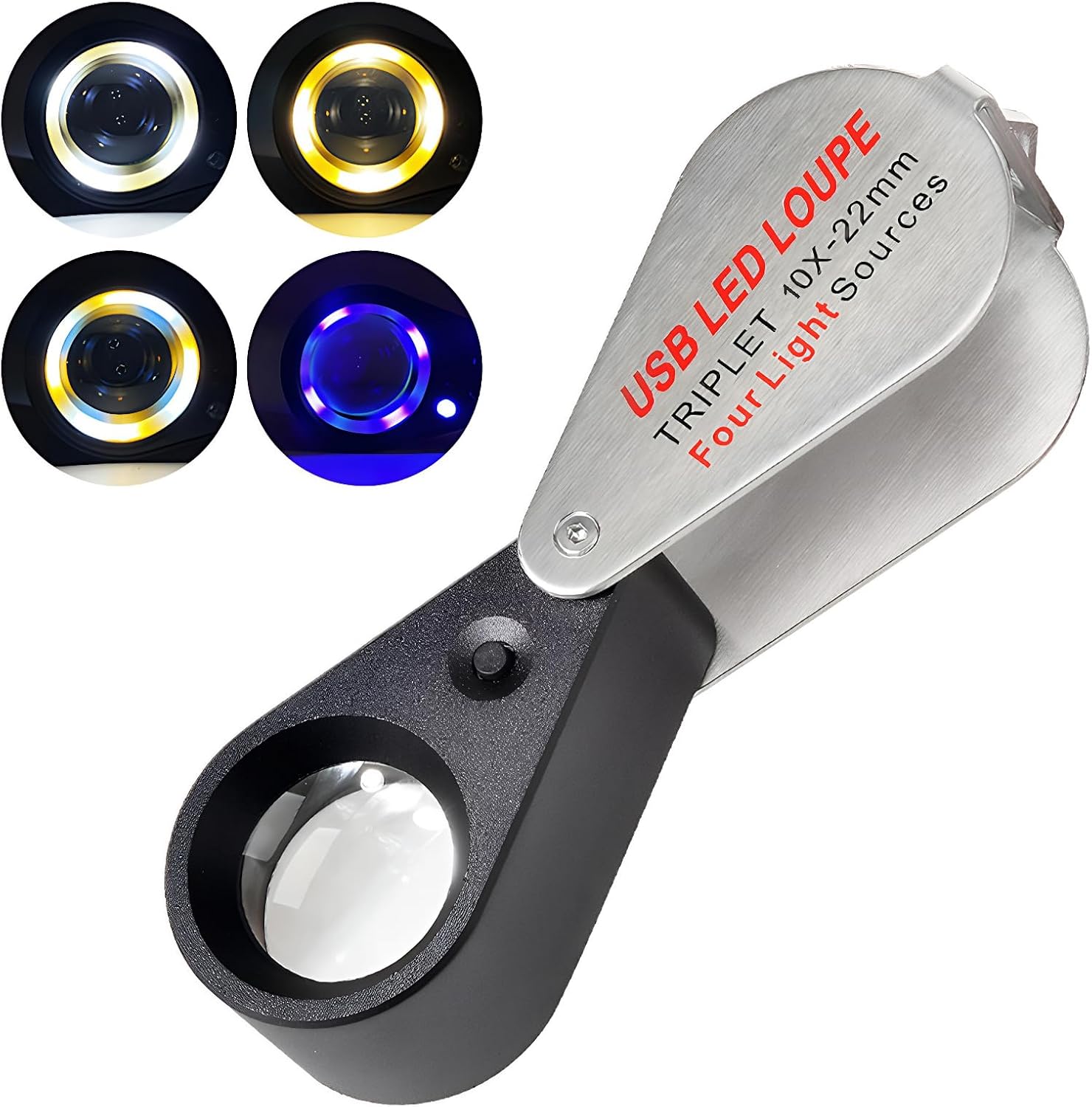Folding Jeweler Loupe Magnifier 10X Rechargeable 22mm Optical Glass Magnifier with 4 Adjustable Light Modes Portable Pocket Magnifying Glass for Coins Stamps Gemstone Antiques Silver