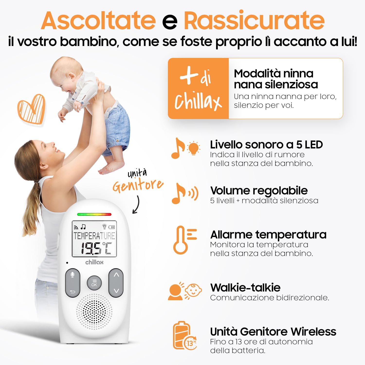 CHILLAX CB260 Baby monitor Audio DECT Schermo LCD VOX Mode Eco Sensore temperatura Portata 340m