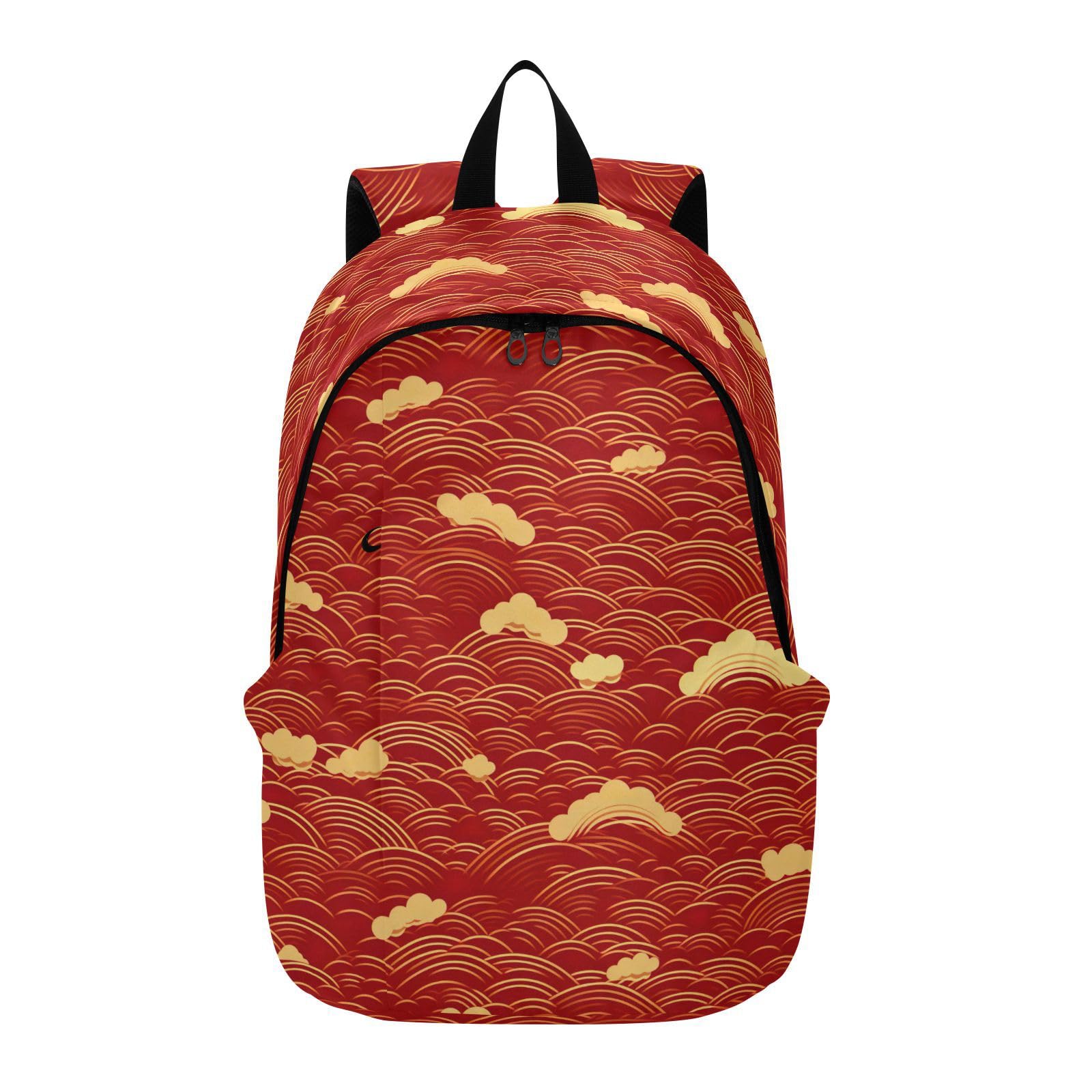 MCHIVER Travel Backpack Chinese Water Waves Red Casual Daypack Backpacks Lightweight Carry on Bag Water Resistant Hiking Backpack for Men Women