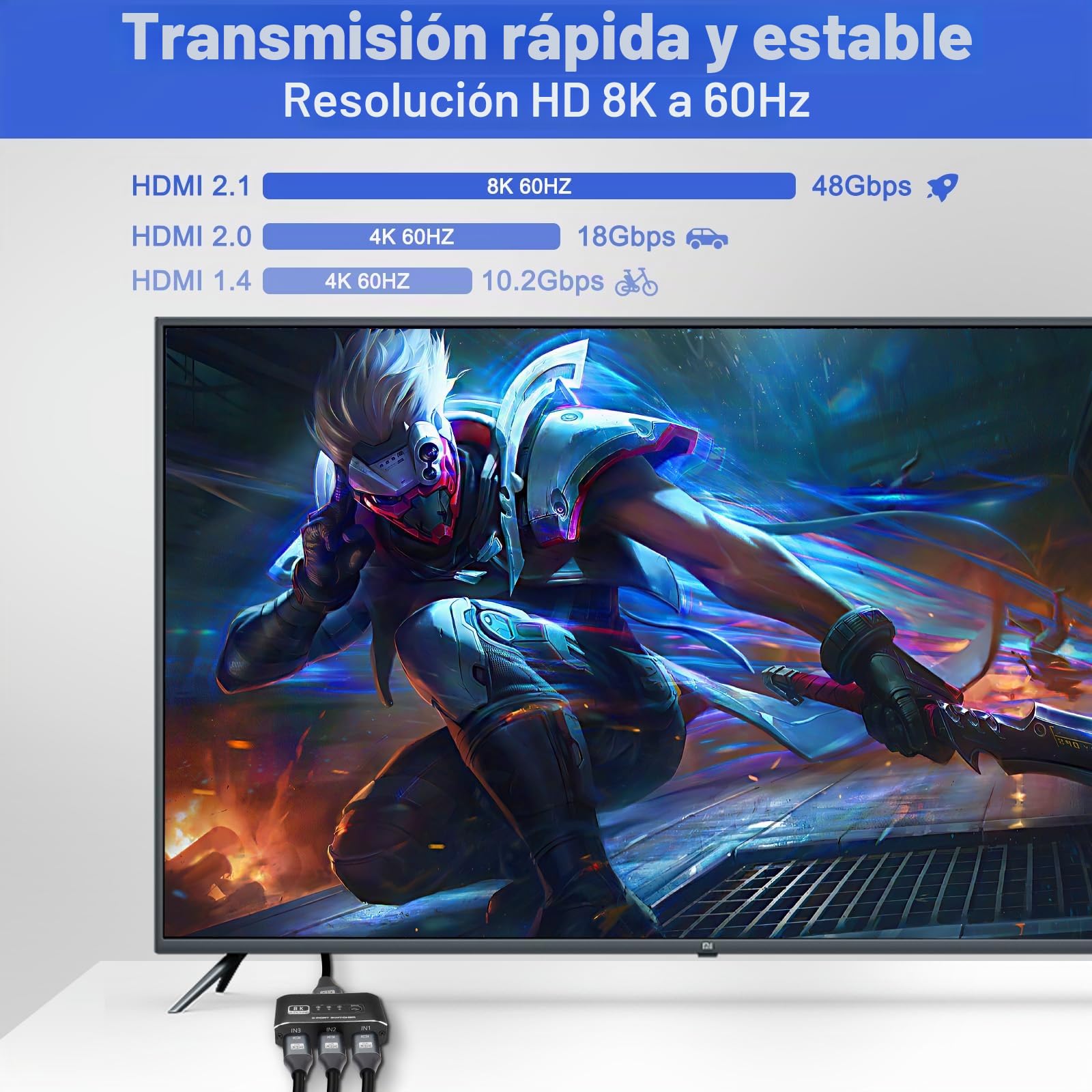 XMSJSIY Conmutador HDMI 3 en 1, selector divisor HDMI 2.1 con cable HDMI de 3 puertos, selector de conmutación HDMI, compatible con 4K, 120Hz, 8K, 60Hz, 48Gbps para HDTV, PS5, Xbox DVD, proyector
