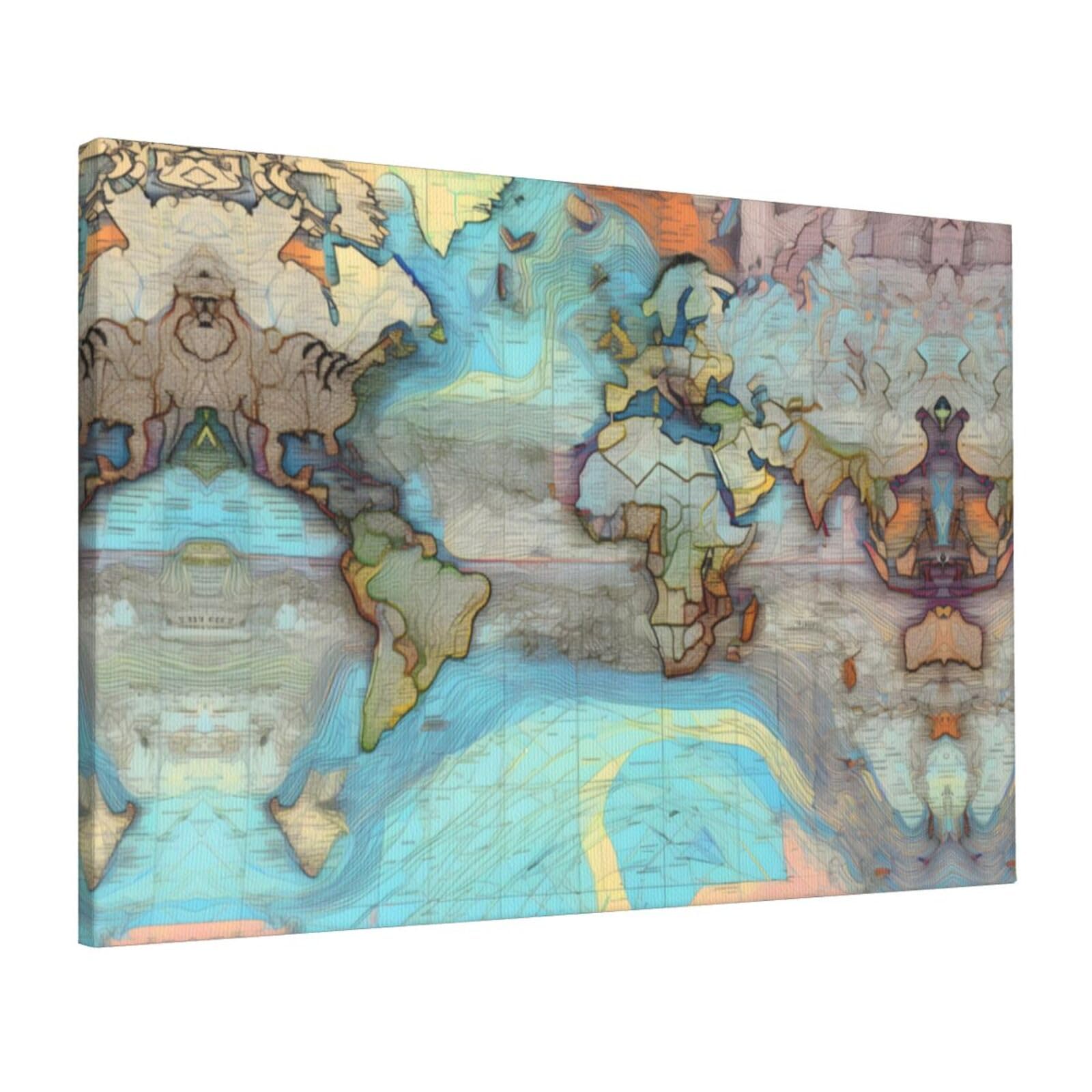 CNTDBU Cartoon world map Canvas Wall Art 16x24 Inch-Large Modern Painting Print for Living Room, Framed Ready to Hang Artwork for Bedroom