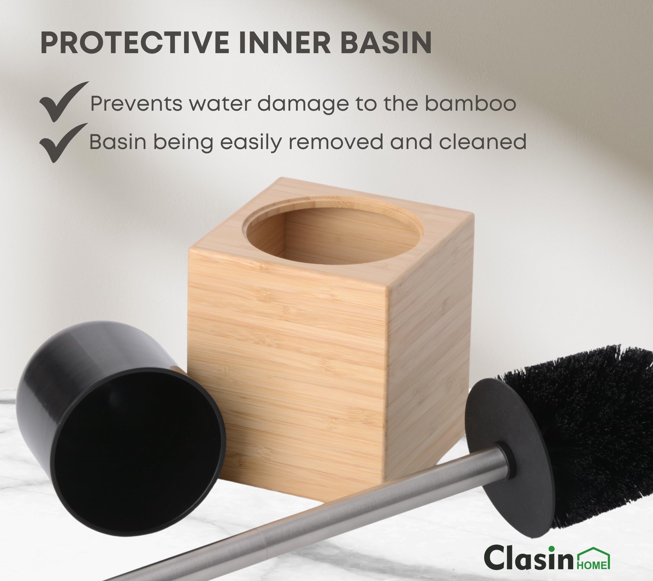 Clasin Home Soporte para escobilla de inodoro con bambú y acero inoxidable para un uso duradero, cepillo de limpieza de inodoro con mango largo para una fácil limpieza profunda, juego de cepillos de