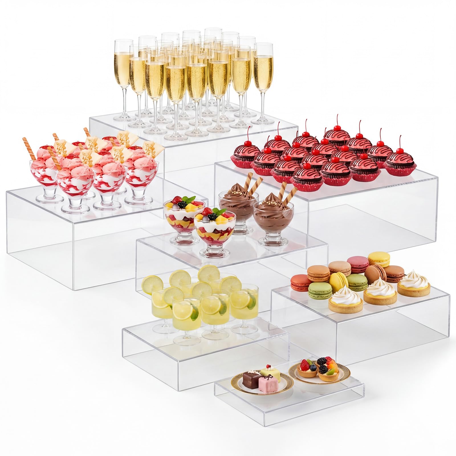 Leinuosen 7 Pcs Large Acrylic Buffet Risers, 8-14" Rectangle, Clear