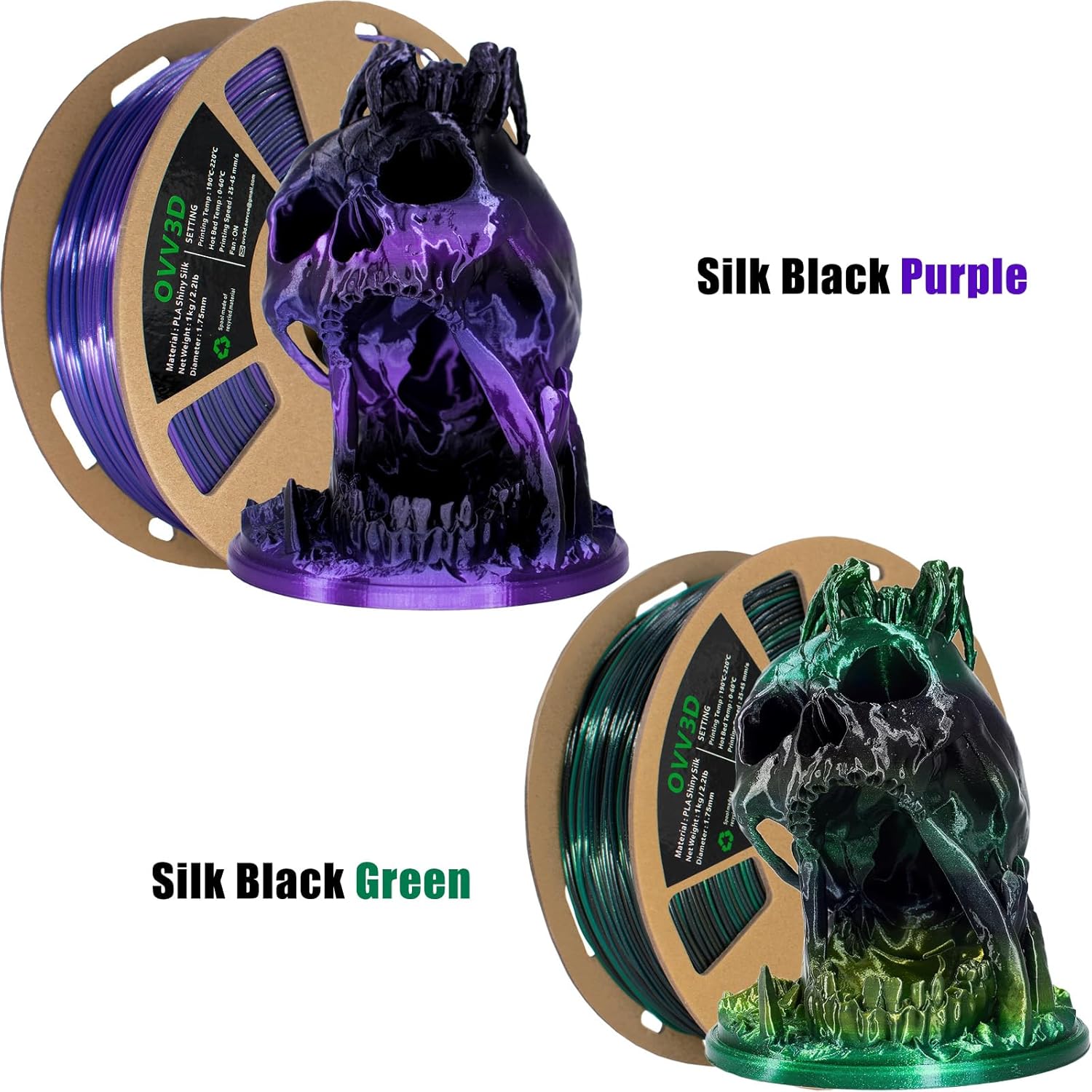 2 Pack PLA Filament 1.75mm, 3D Printer Filament Silk Black Purple with Silk Black Green Color Changing, Silk PLA Filament, 1kg+1kg
