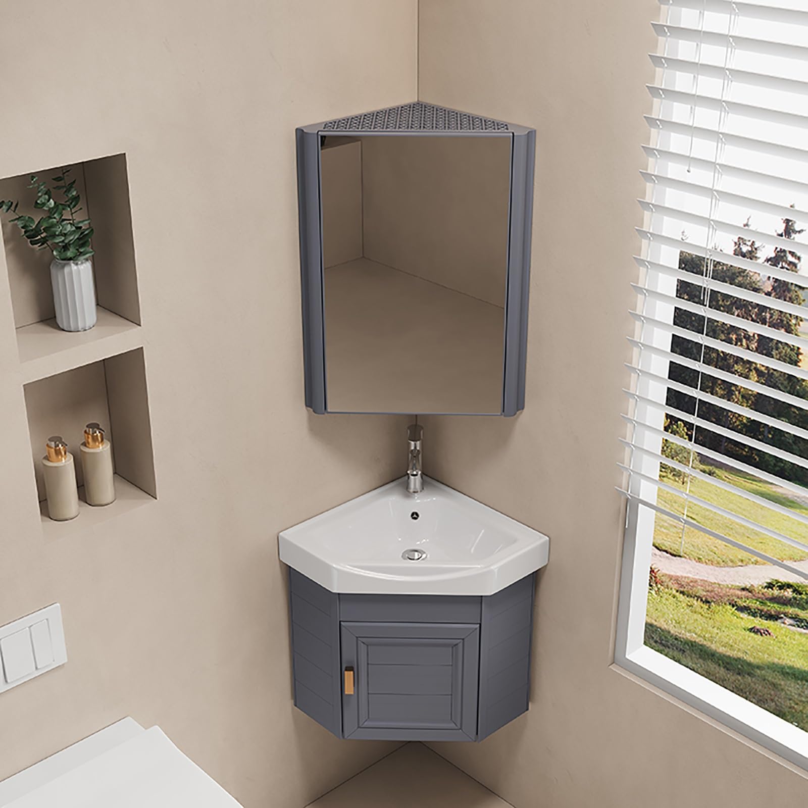 GLJTUO Corner Ceramic Bathroom Sink Combo - Wall-Mounted Vanity Cabinet Set for Small Spaces, 48x48cm Laundry Tub Sink for Restaurants and Homes, Stylish Storage Solution.,One Color-43 * 43cm