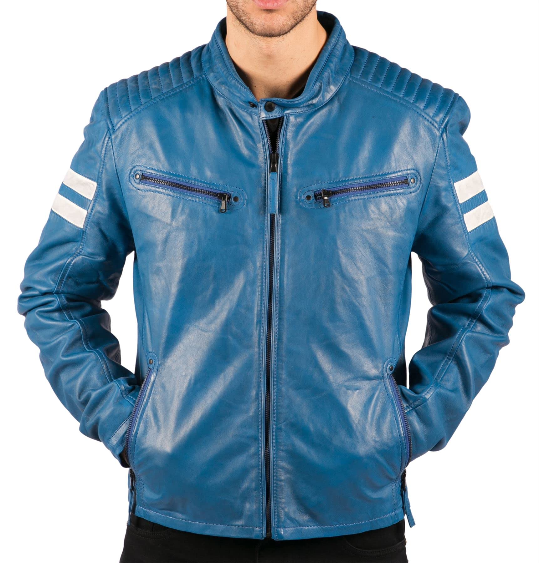 Truclothing Men's Blue Biker Jacket Outwear Windproof Winter Motorcycle Rider Quilted Real Leather Jackets Coat - Xl
