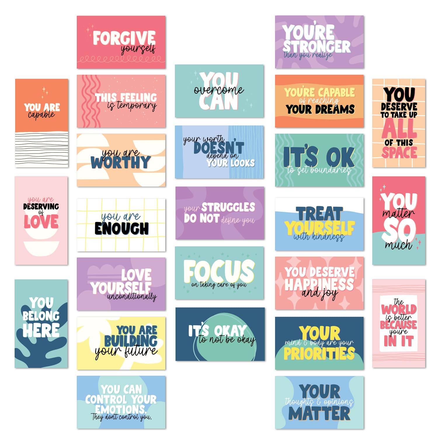 Strong Mental Health Mini Quote Cards / 50 Motivational Kindness Cards / 25 Vibrant Uplifting Designs / 2