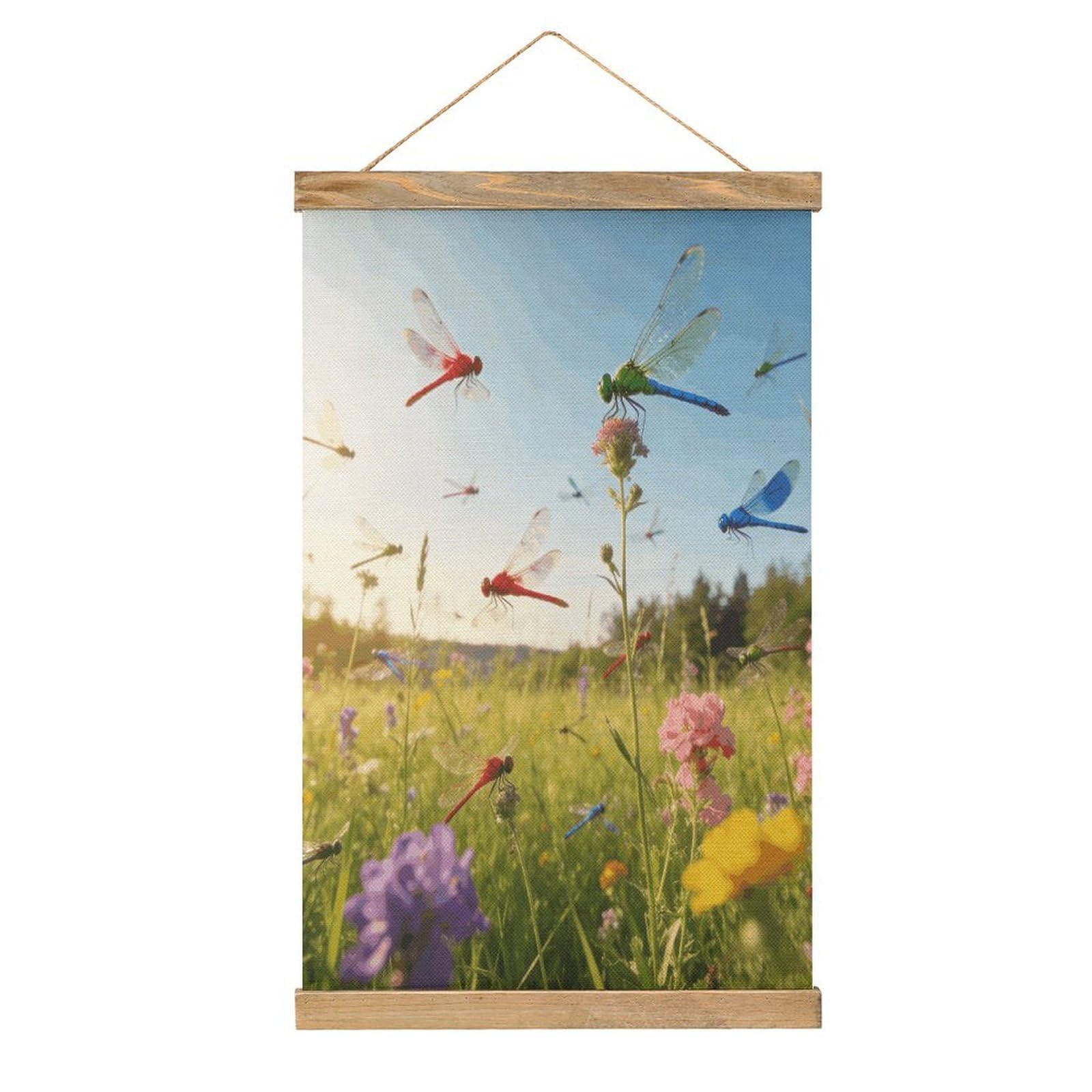 VstaDank Dragonfly Meadow Poster with Wooden Frame Hanger Art Painting Wall Decor Poster Wall Hanging Wooden Frame 13x20 Wood Poster Hanger for Photo Picture Art Canvas Print Artwork