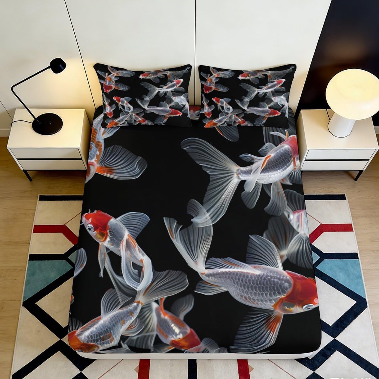 3D Printed Koi Fish Fitted Sheet Microfiber Soft Breathable Black Carp Bed Cover for Bedroom Dormitory Guest Room Mattress Protection Decor 180x200x25cm