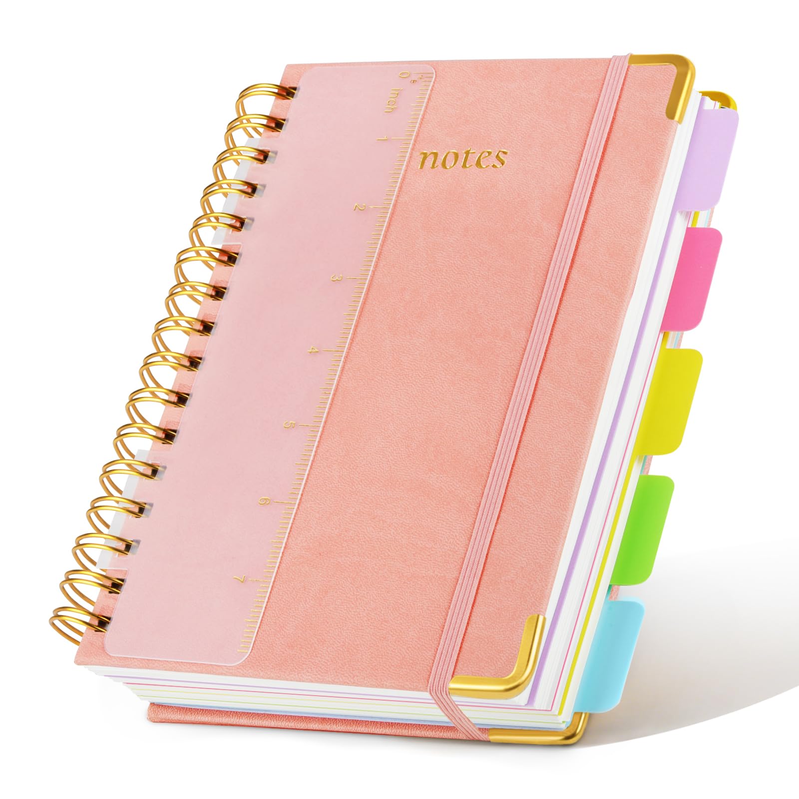 Pomodee Pink Spiral Hardback Notebook for Women with Removable Dividers Tabs,Ruler,300 A5 Pages Line 5 Subject Notebook College Ruled for Work School Note Taking