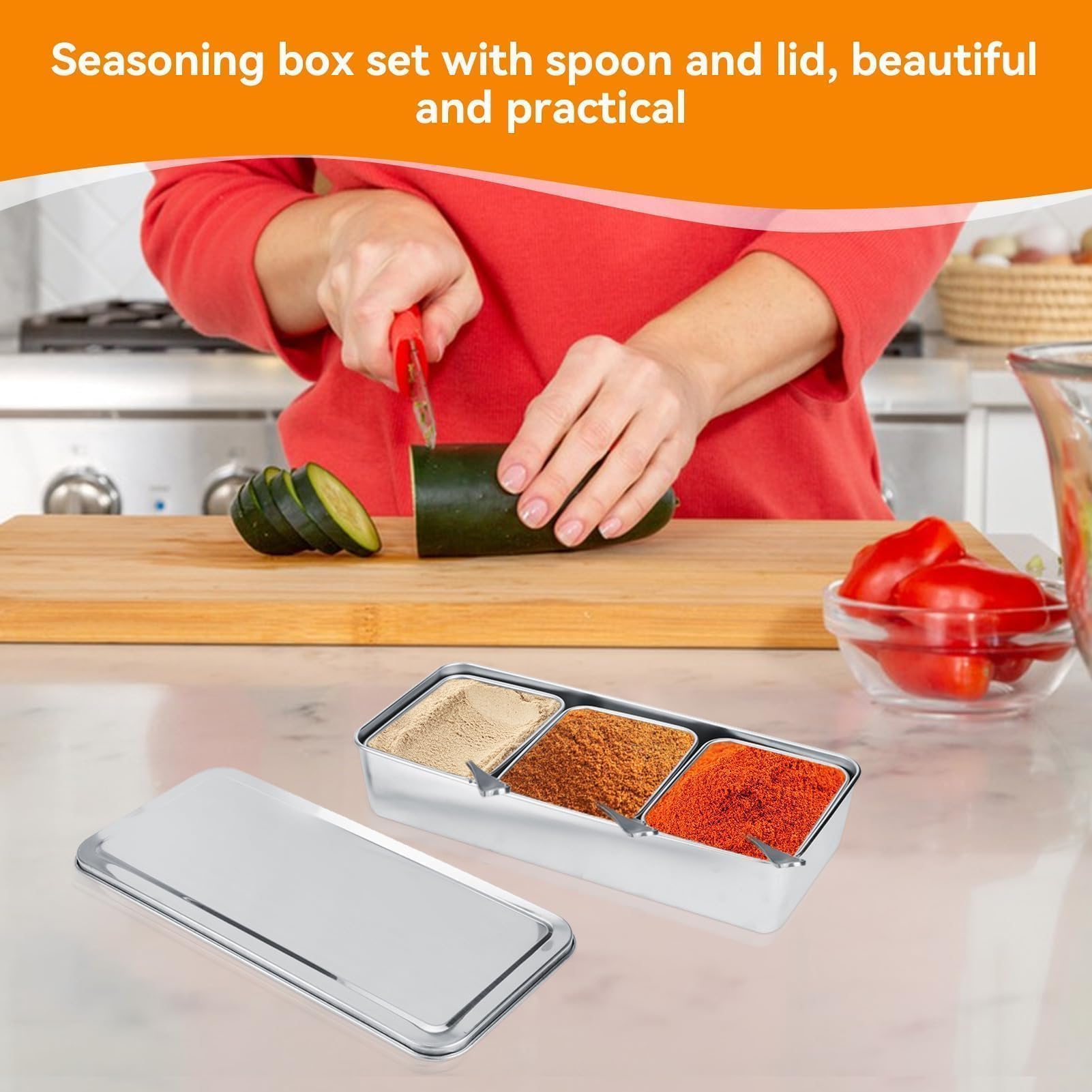 Set di contenitori per condimenti in acciaio inox, con 3 scomparti, per spezie, sale, zucchero, utensili da cucina e condimenti, con coperchio per cucchiai