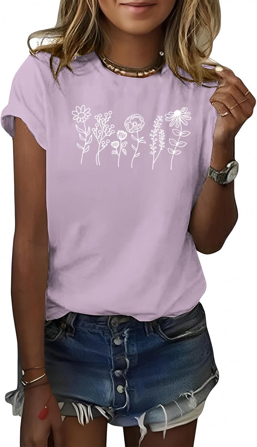 Women's Floral Tee Wildflower Graphic T Shirt Summer Flower Casual Loose Top Crew Neck Short Sleeve Shirts Tees