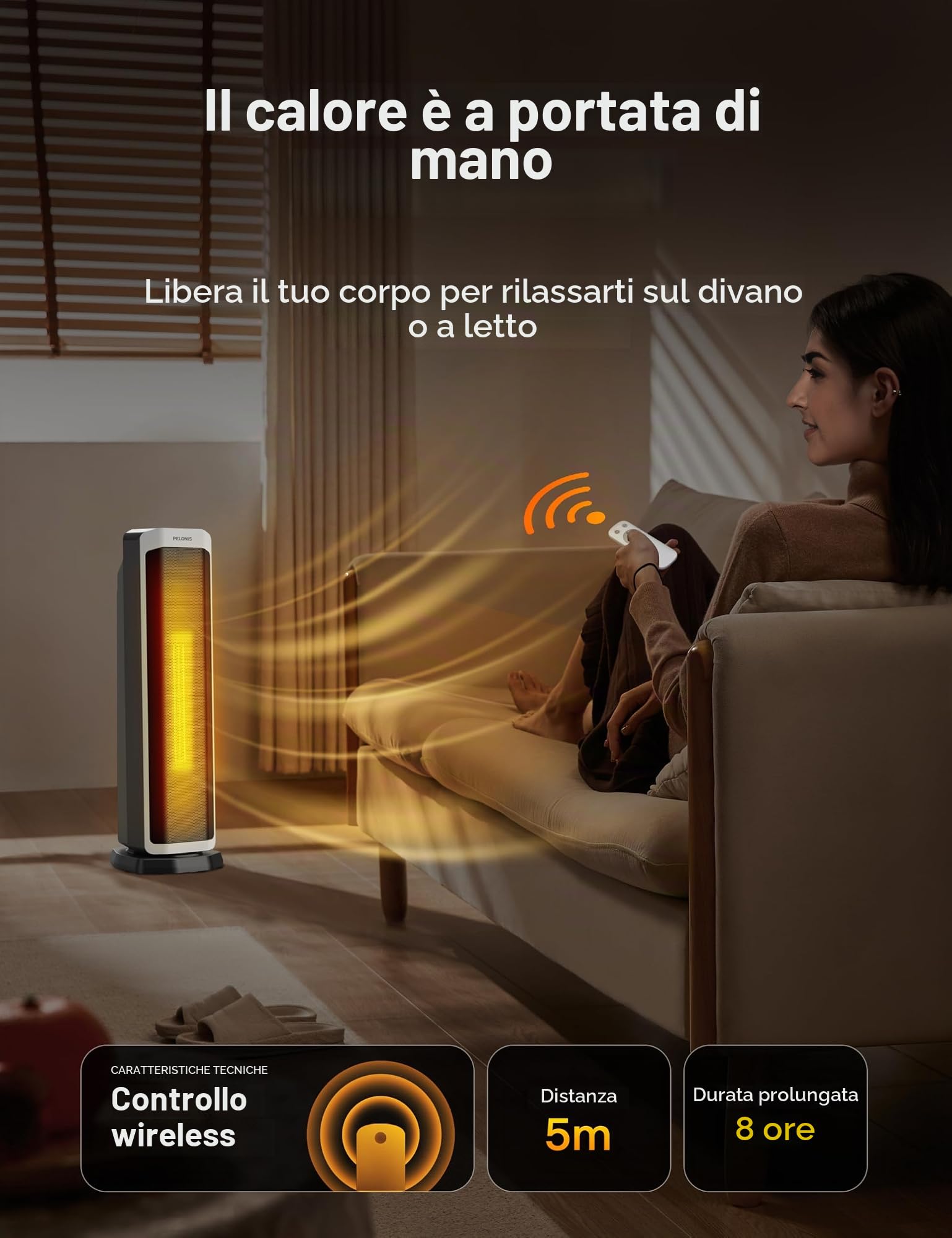 Pelonis Riscaldatore Elettrico 2000W, Radiatore Elettrico con Telecomando, Riscaldatore Elettrico Termostato, Regolabile e Protezione Tipp-Over e Contro il Surriscaldamento