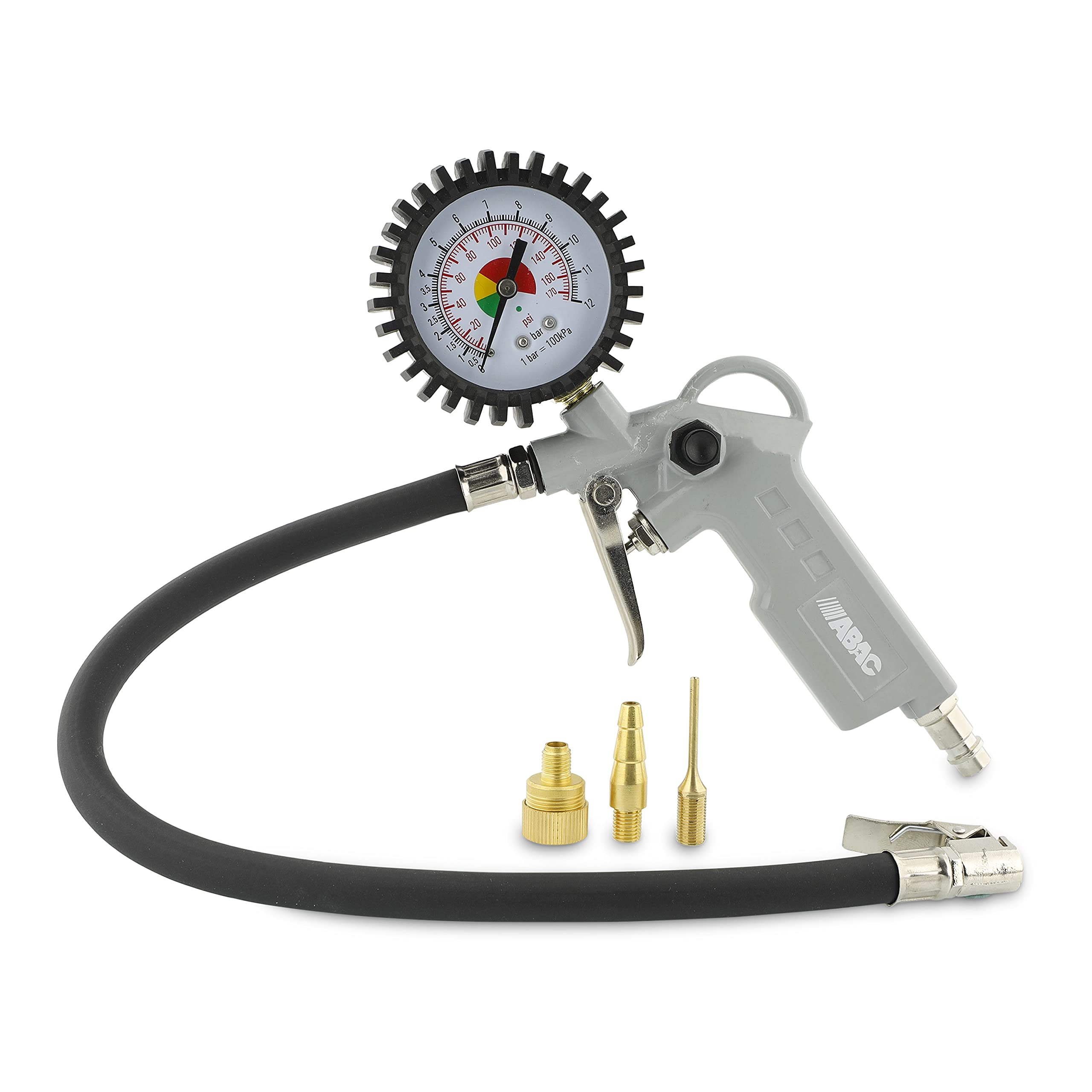 ABAC Pistola Gonfiaggio Pneumatici per Compressore 4 Pezzi G-580, Inclusi Gonfiagomme con Manometro e 3 Punte di Gonfiaggio, Pressione Max 8 Bar